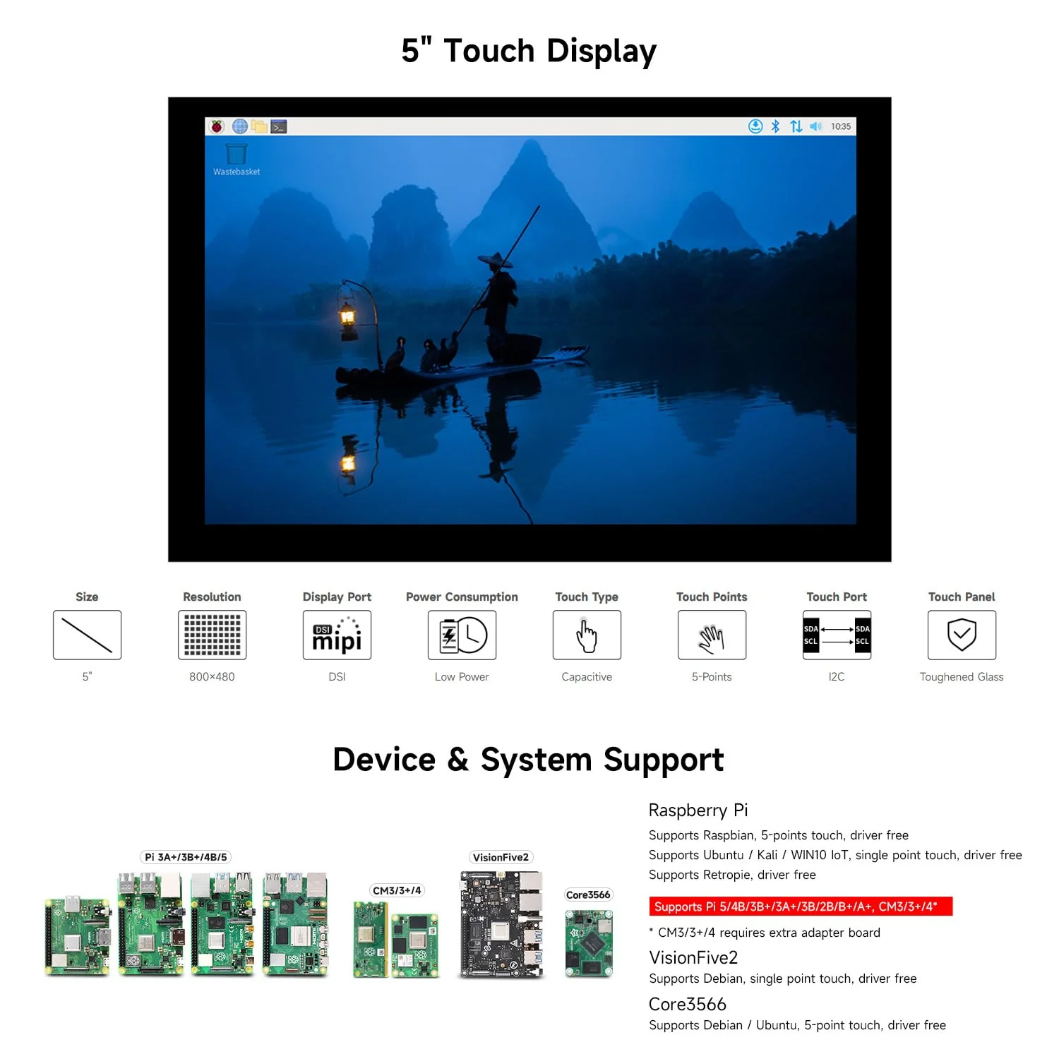 waveshare 5inch Capacitive Touch Display Compatible with Raspberry Pi 5/4B/3B+/3A+/3B/2B/B+/A+/CM3/3+/4 800×480 Resolution DSI Interface - Image 3