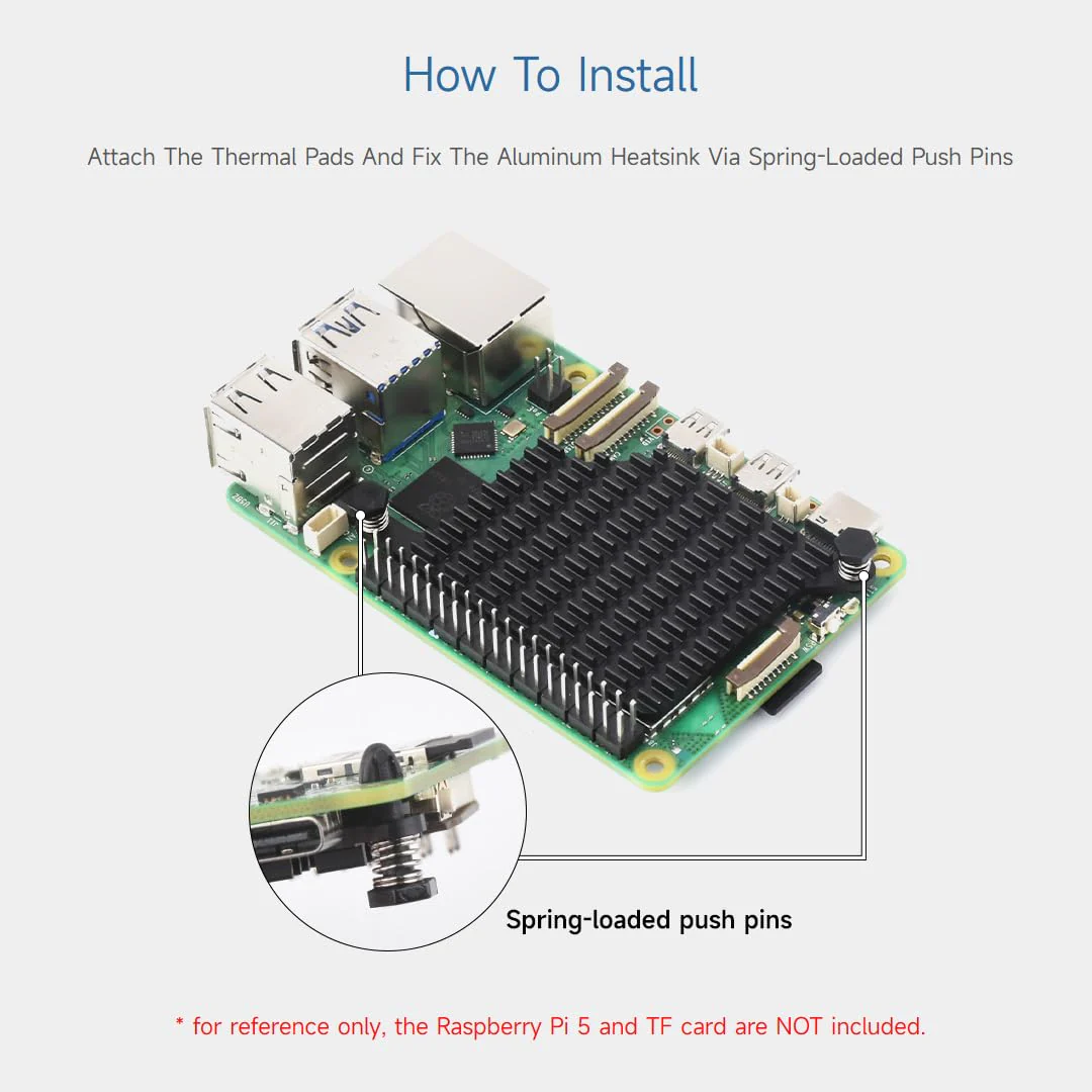 Waveshare Aluminum Heatsink for Raspberry Pi 5, with Thermal Pads and Spring-Loaded Push Pins - Image 5