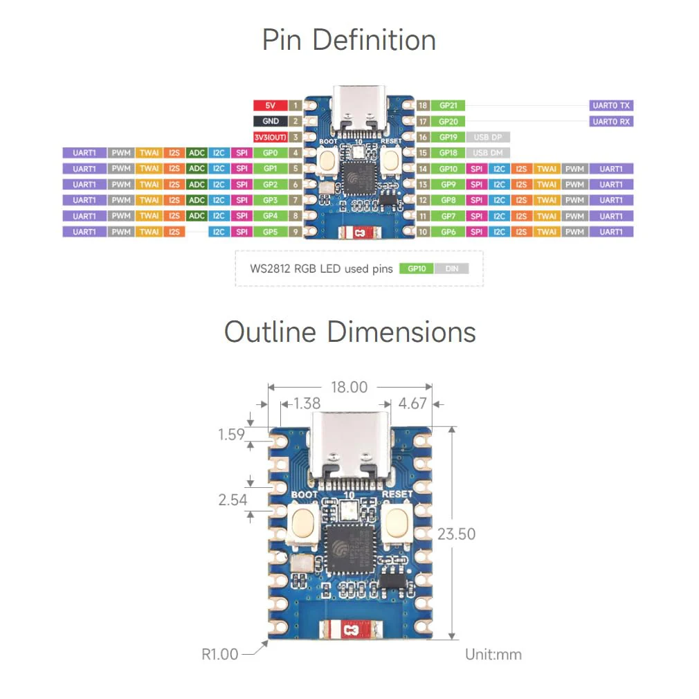 Waveshare ESP32-C3 Mini Development Board, Based On ESP32-C3FN4 Single-Core Processor, 160MHz Running Frequency, 2.4GHz Wi-Fi & Bluetooth 5 with Pre-soldered Header - Image 7