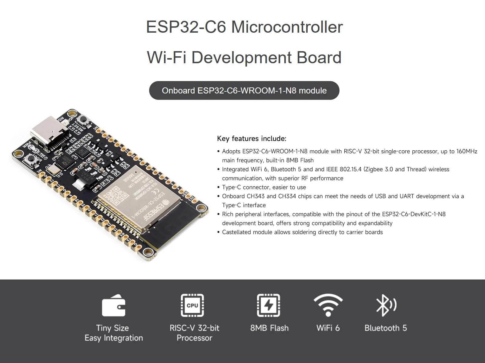waveshare ESP32-C6 RISC-V Microcontroller Development Board Integrated WiFi 6, Bluetooth 5 and IEEE 802.15.4 (Zigbee 3.0&Thread), Adopts ESP32-C6-WROOM-1-N8 Module, Support USB and UART Development - Image 2