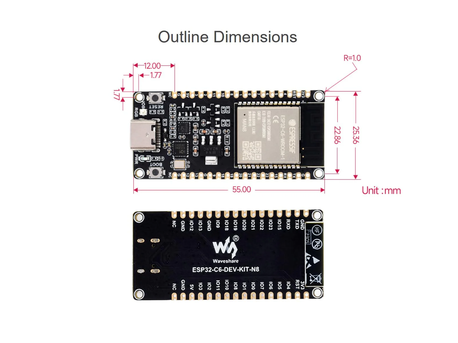 waveshare ESP32-C6 RISC-V Microcontroller Development Board Integrated WiFi 6, Bluetooth 5 and IEEE 802.15.4 (Zigbee 3.0&Thread), Adopts ESP32-C6-WROOM-1-N8 Module, Support USB and UART Development - Image 6