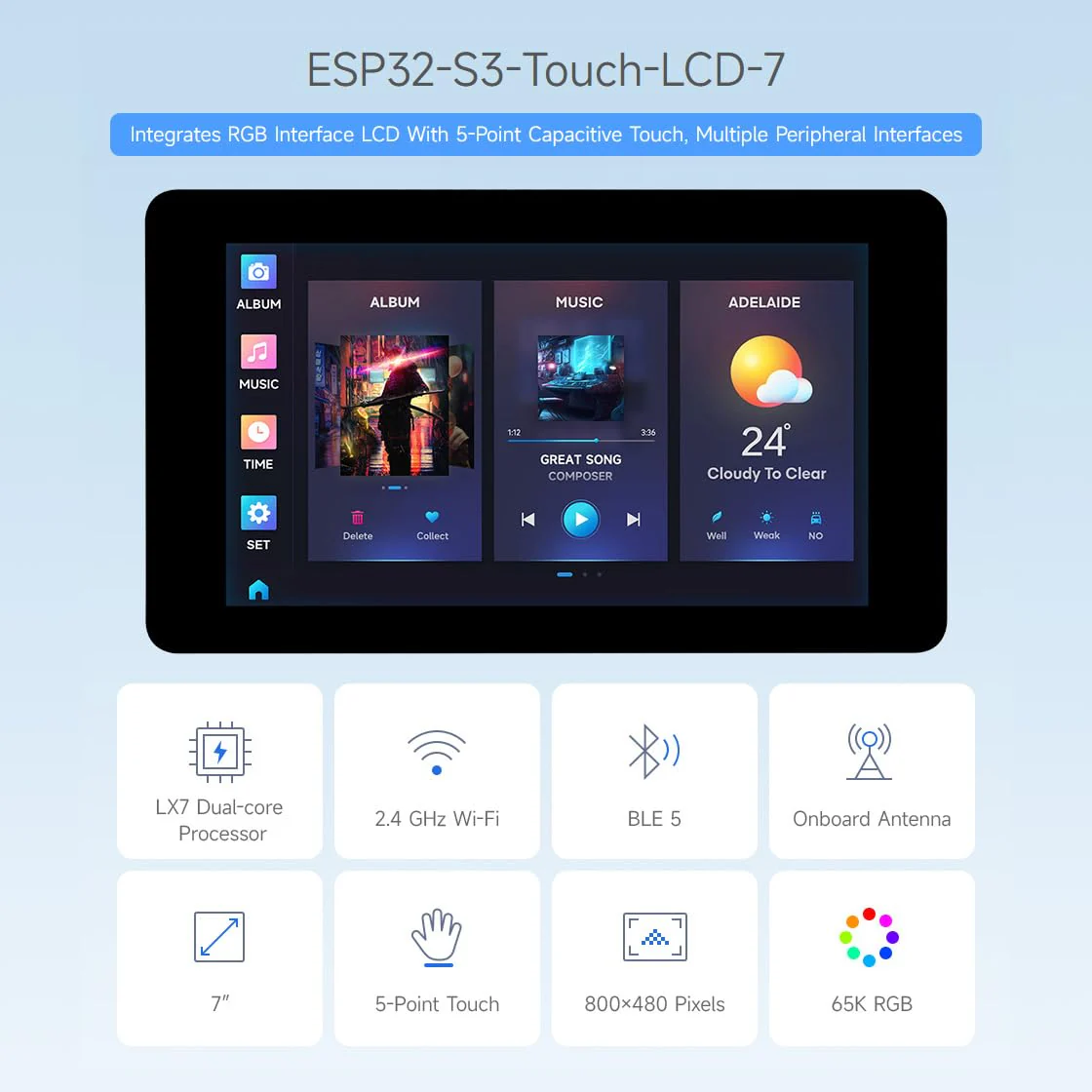 Waveshare ESP32-S3 7inch Capacitive Touch LCD Development Board, ESP32 with Display, 800×480, 5-Point Touch, Up to 240MHz Frequency, Supports WiFi & Bluetooth, with Onboard Antenna - Image 3