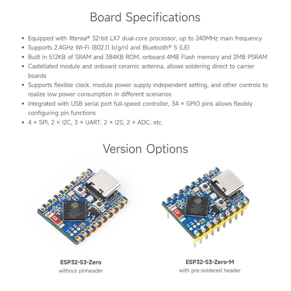 Waveshare ESP32-S3 Mini Development Board (2pcs), Based On ESP32-S3FH4R2 Dual-Core Processor, 240MHz Running Frequency, 2.4GHz Wi-Fi - Image 3