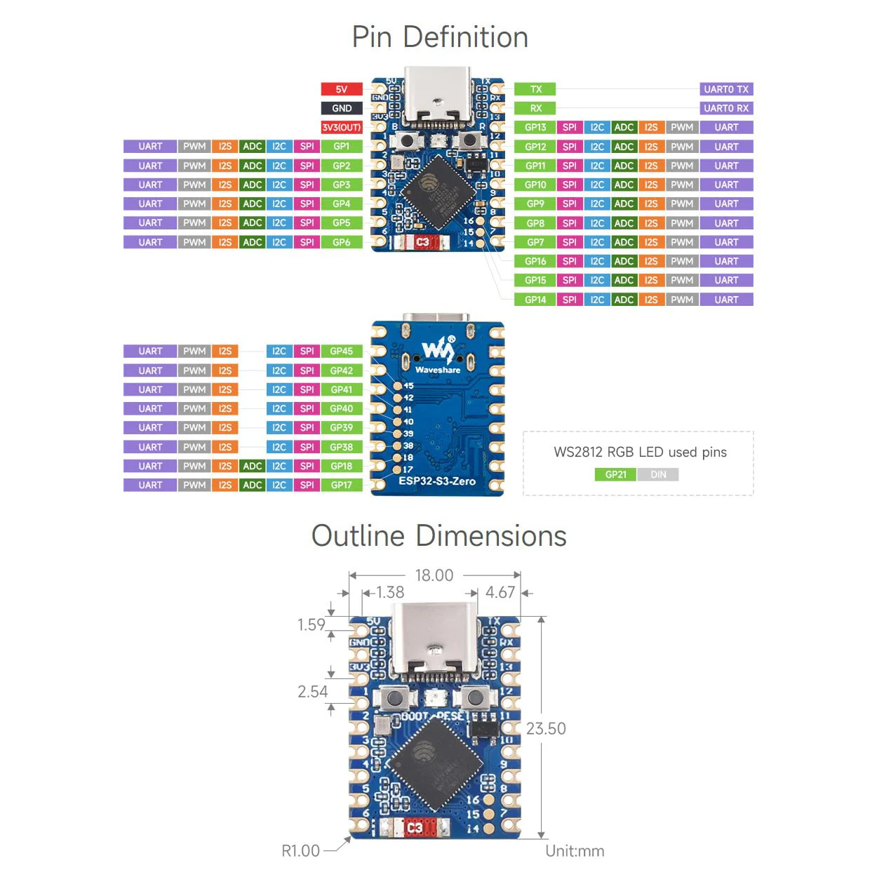 Waveshare ESP32-S3 Mini Development Board (2pcs), Based On ESP32-S3FH4R2 Dual-Core Processor, 240MHz Running Frequency, 2.4GHz Wi-Fi - Image 6