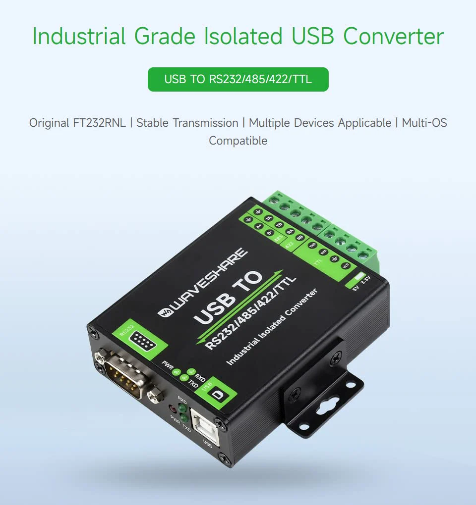 waveshare FT232RNL USB to RS232/485/422/TTL Interface Converter, Industrial Isolation - Image 3
