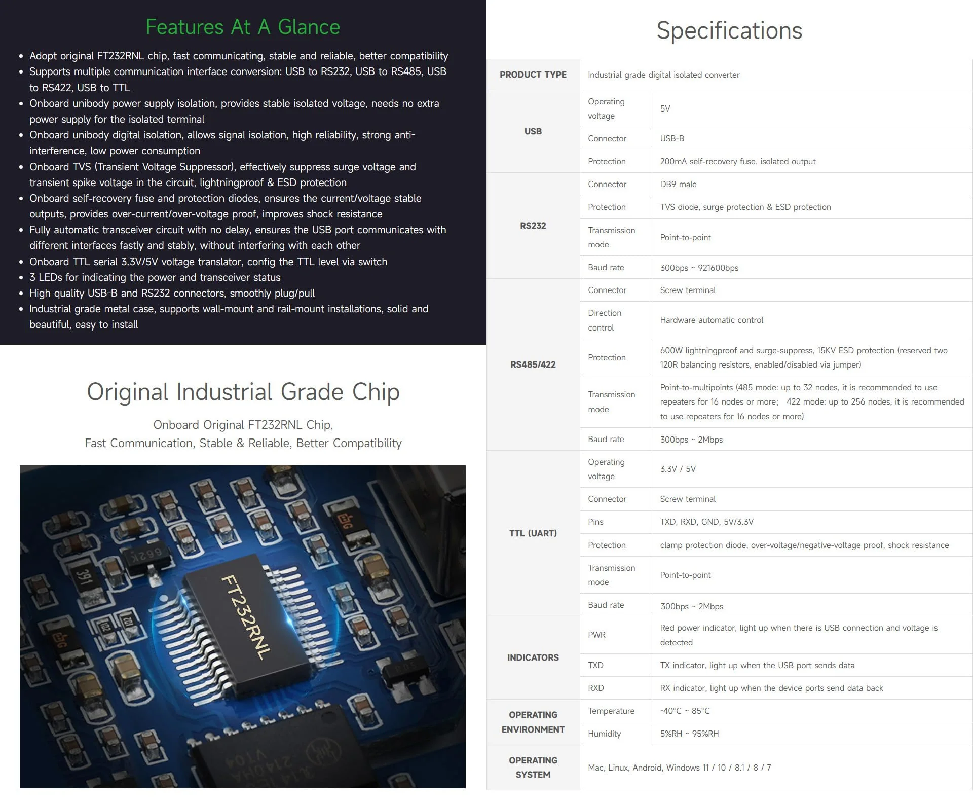 waveshare FT232RNL USB to RS232/485/422/TTL Interface Converter, Industrial Isolation - Image 4