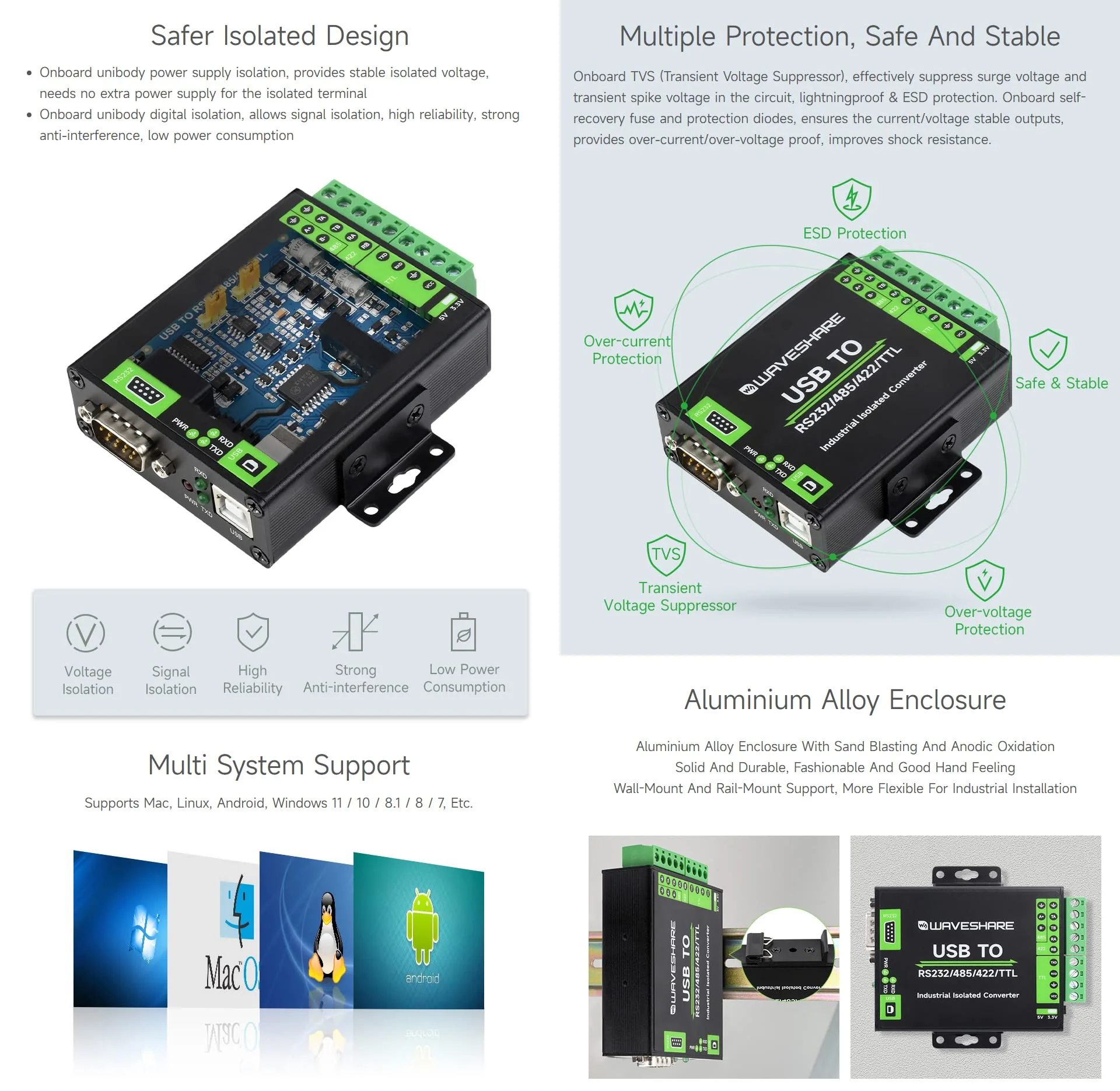 waveshare FT232RNL USB to RS232/485/422/TTL Interface Converter, Industrial Isolation - Image 5
