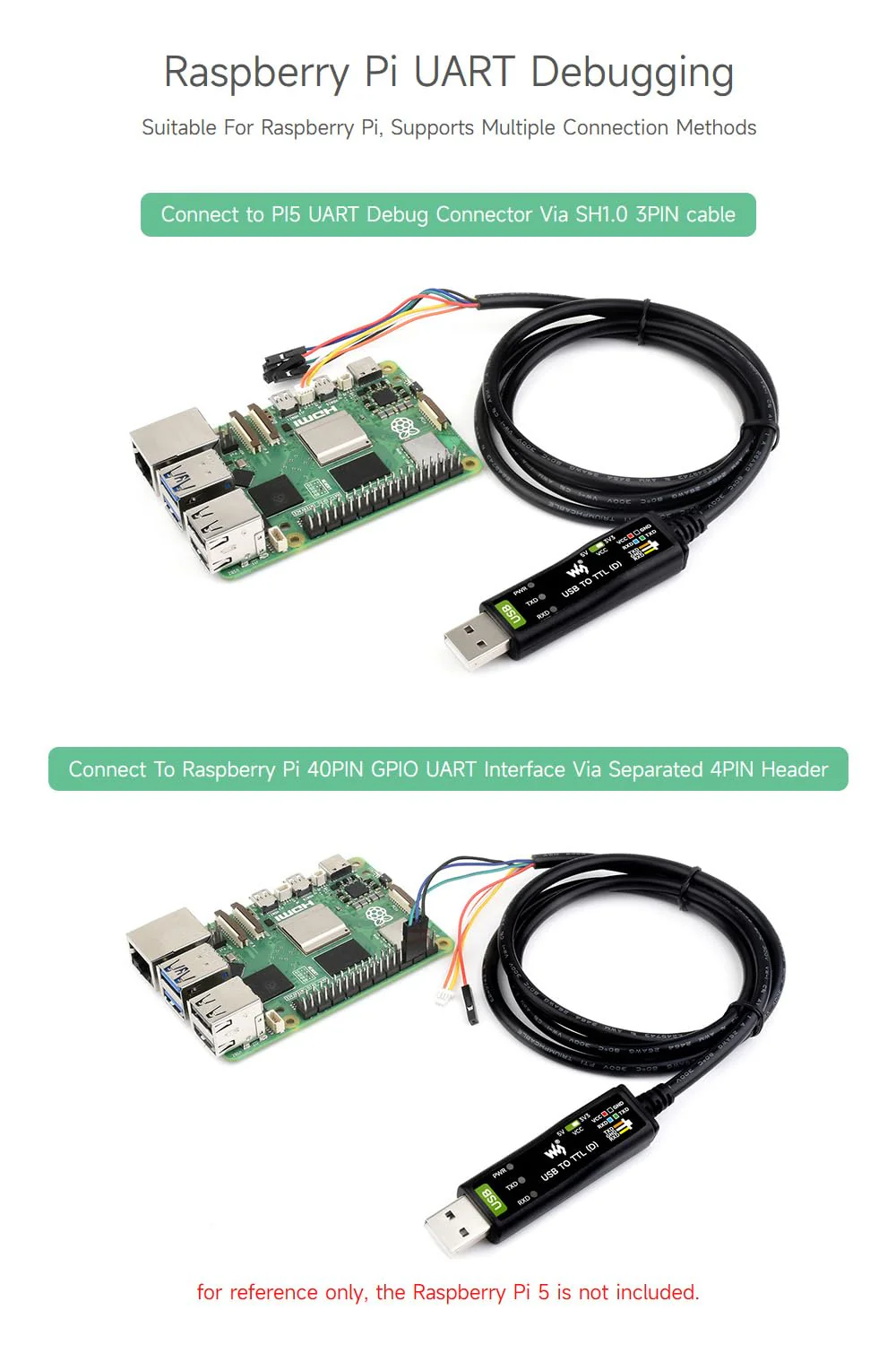 waveshare Industrial USB to TTL (D) Serial Cable, Compatible with Raspberry Pi 5, Original FT232RNL Chip, Multi Protection Circuits, with Separated 4pin Header + SH1.0 3PIN Connector - Image 6