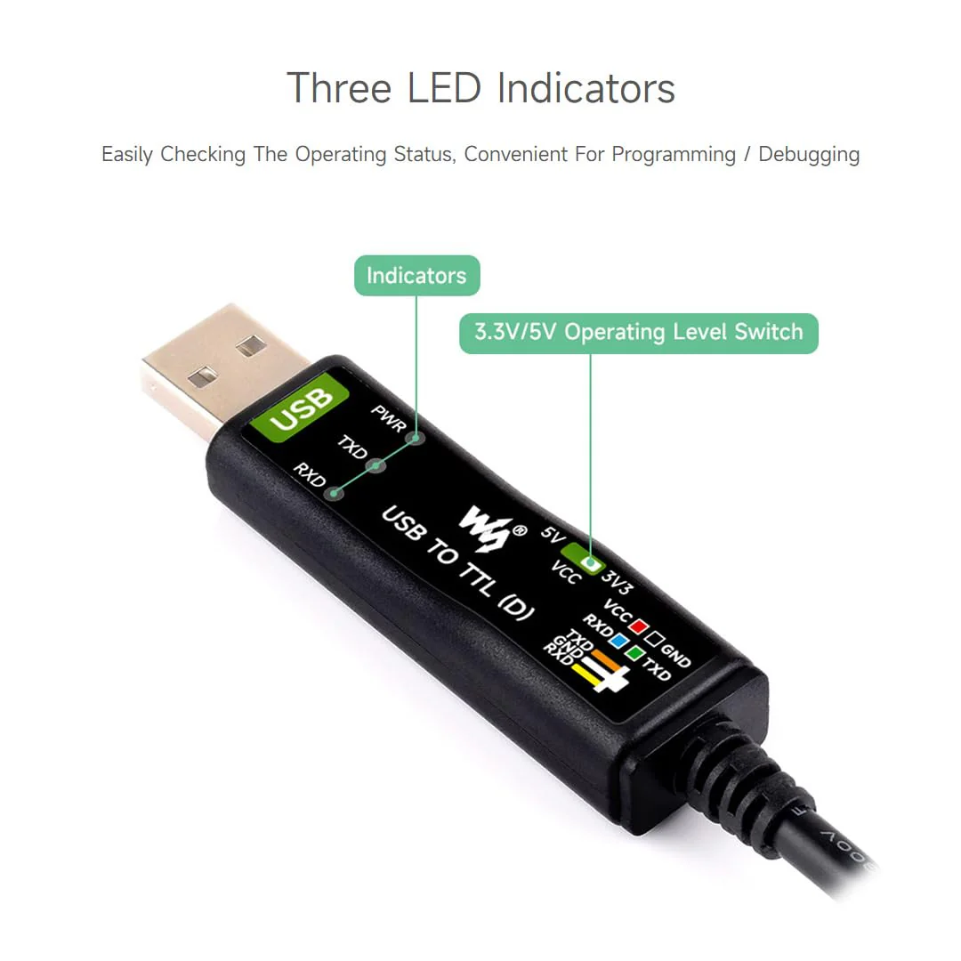 waveshare Industrial USB to TTL (D) Serial Cable, Compatible with Raspberry Pi 5, Original FT232RNL Chip, Multi Protection Circuits, with Separated 4pin Header + SH1.0 3PIN Connector - Image 7