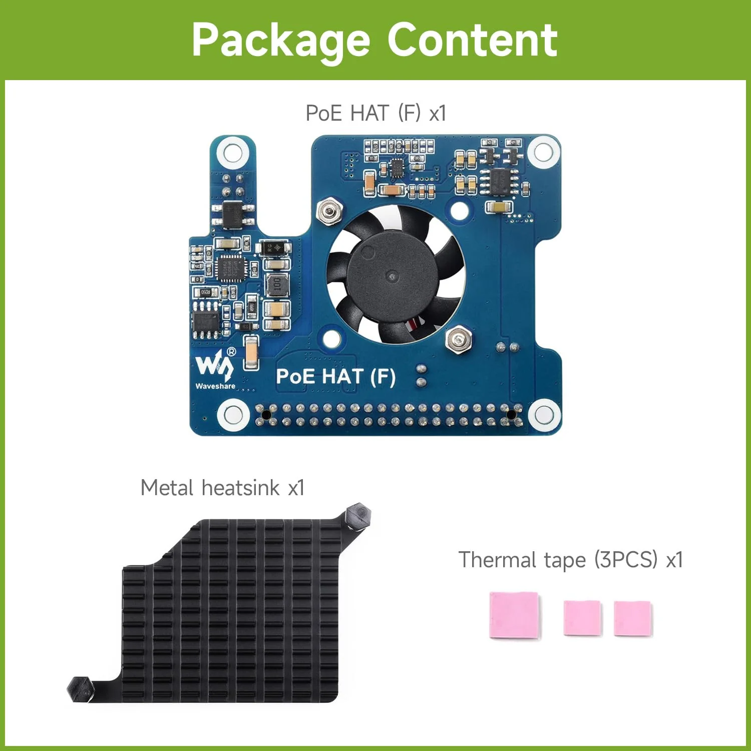 Waveshare PoE HAT (F) Compatible with Raspberry Pi 5, High Power, Onboard Cooling Fan, with Metal Heatsink, Supports 802.3af/at Network Standard - Image 2