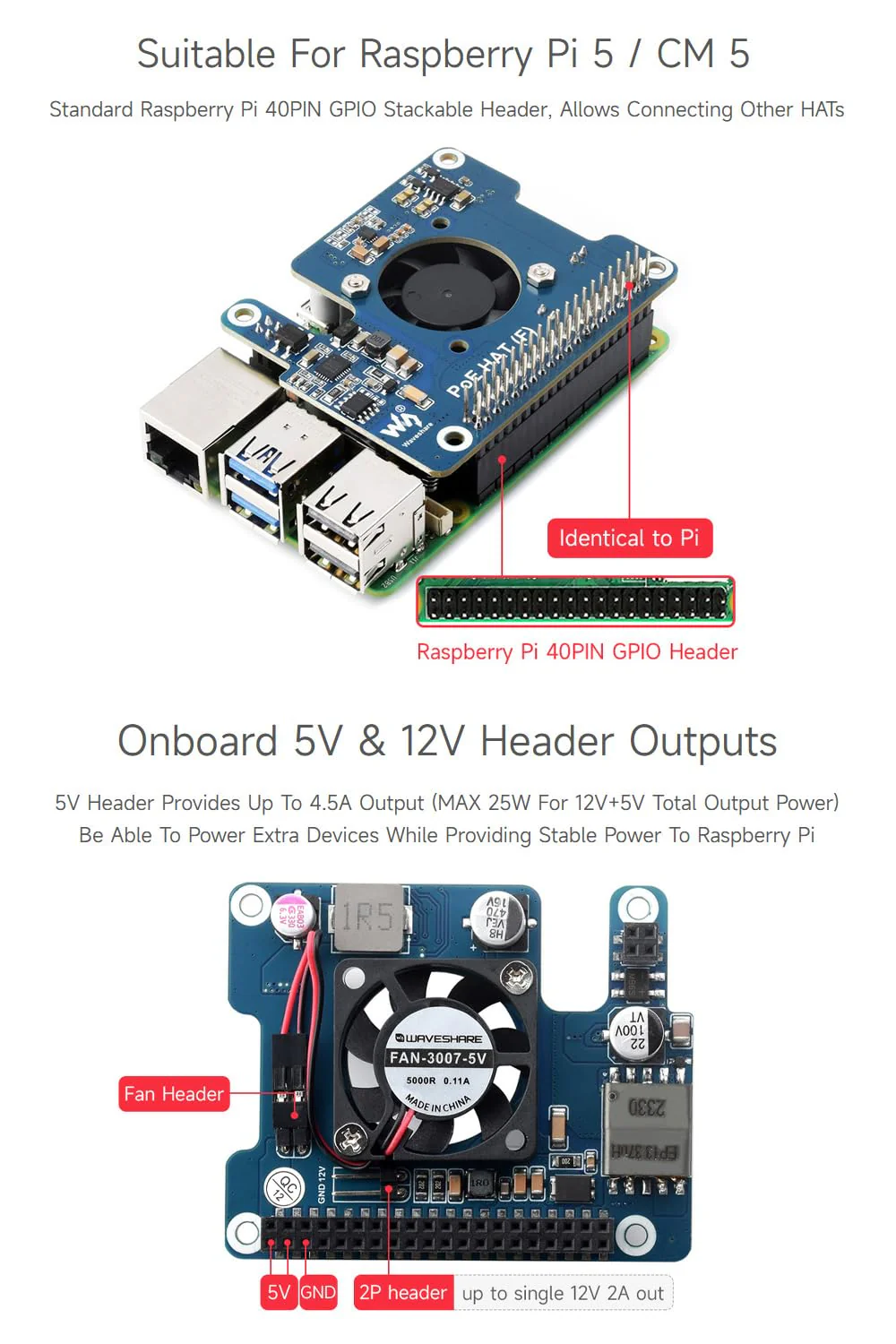 Waveshare PoE HAT (F) Compatible with Raspberry Pi 5, High Power, Onboard Cooling Fan, with Metal Heatsink, Supports 802.3af/at Network Standard - Image 5