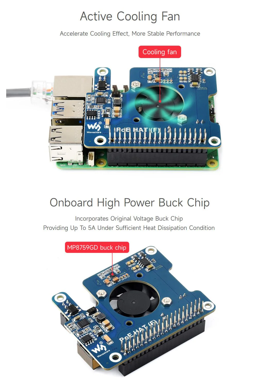 Waveshare PoE HAT (F) Compatible with Raspberry Pi 5, High Power, Onboard Cooling Fan, with Metal Heatsink, Supports 802.3af/at Network Standard - Image 6