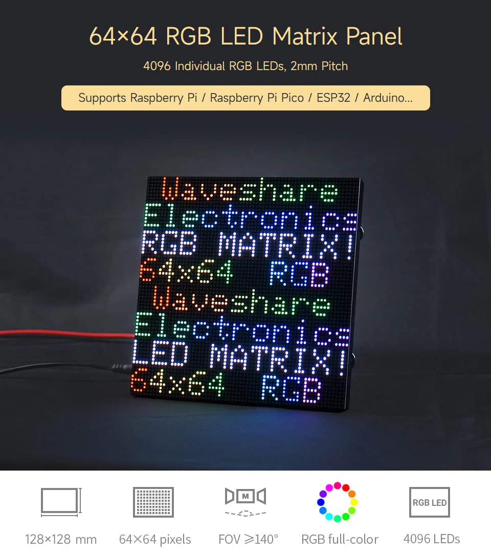 waveshare RGB Full-Color LED Matrix Panel, 2mm Pitch, 64×64 Pixels, Adjustable Brightness, Compatible with Raspberry Pi 5/4B/3B/Zero/Zero W/Zero 2W/Pico/Pico W/Pico WH - Image 3