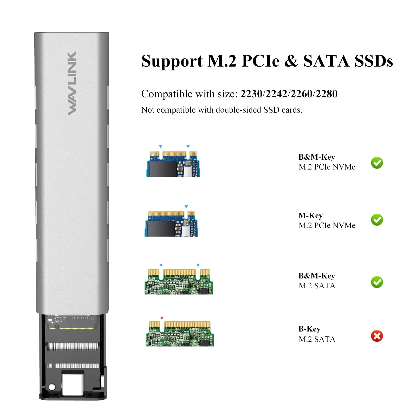 WAVLINK NVMe Enclosure, NVMe to USB 10Gbps Aluminum External M.2 NVMe and SATA SSD Enclosure, Supports UASP Trim for M-Key/B+M Key NVMe PCIe and SATA SSDs in Sizes 2230/2242/2260/2280, up to 8TB - Image 2
