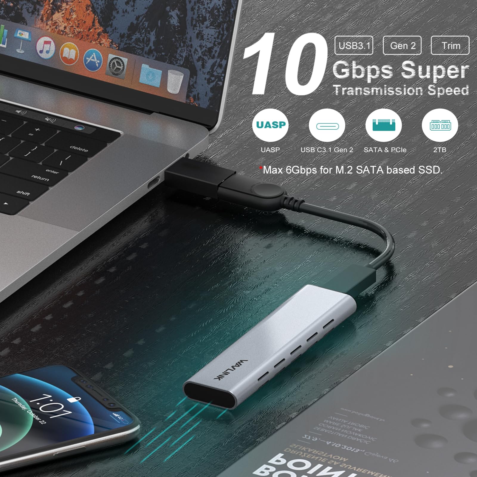 WAVLINK NVMe Enclosure, NVMe to USB 10Gbps Aluminum External M.2 NVMe and SATA SSD Enclosure, Supports UASP Trim for M-Key/B+M Key NVMe PCIe and SATA SSDs in Sizes 2230/2242/2260/2280, up to 8TB - Image 4