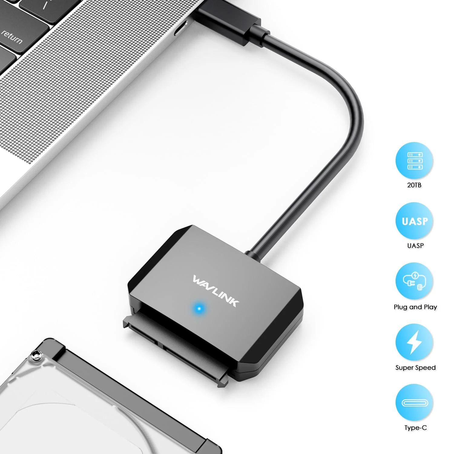 WAVLINK SATA to USB Type-C Hard Drive Cable, 5Gbps USB C to Sata Cable Support UASP, External Hard Drive SATA I/II/III Connector 2.5" SSD/HDD and 3.5" HDD up to 20TB, Power Adapter Included USB Type C - Power Adapter Included - Image 2