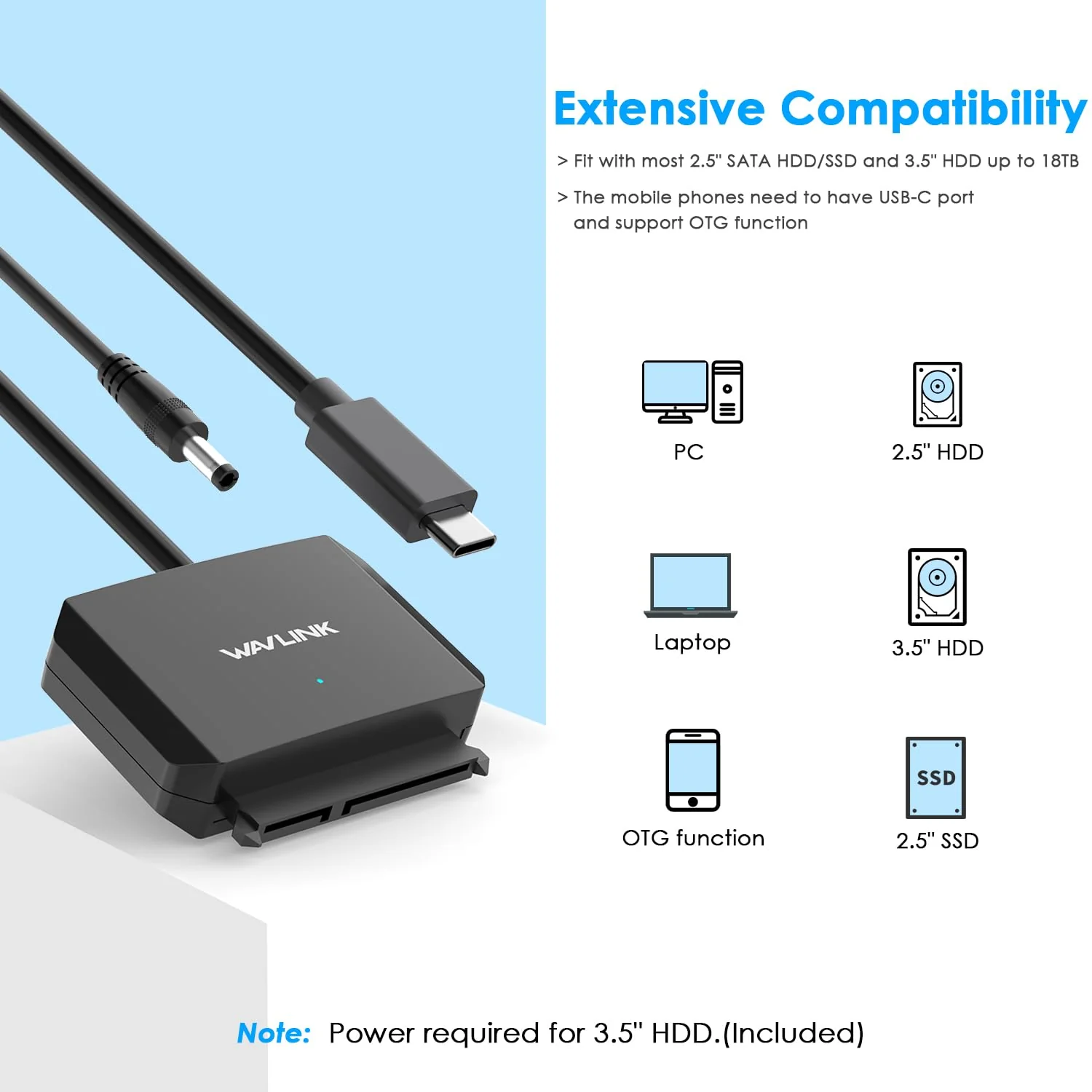 WAVLINK SATA to USB Type-C Hard Drive Cable, 5Gbps USB C to Sata Cable Support UASP, External Hard Drive SATA I/II/III Connector 2.5" SSD/HDD and 3.5" HDD up to 20TB, Power Adapter Included USB Type C - Power Adapter Included - Image 3