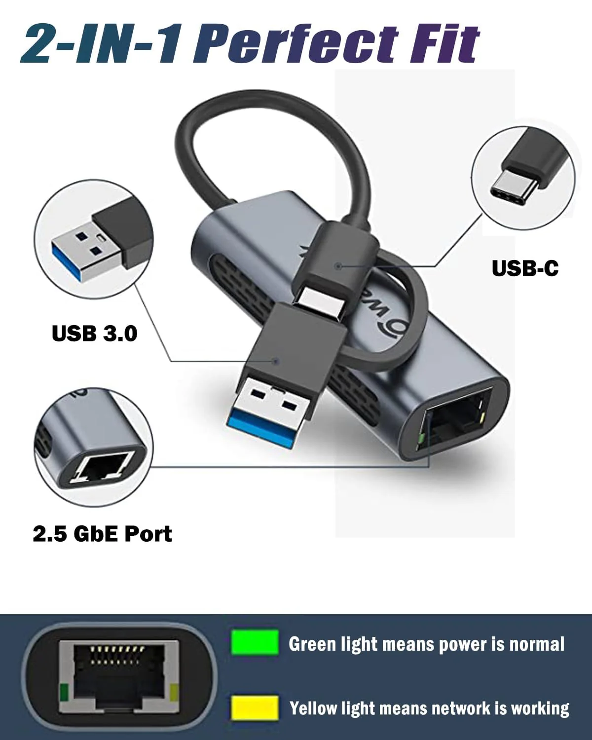 Wavlink USB C to Ethernet Adapter 2.5 Gbps, 2-in-1 USB to 2.5G Ethernet Adapter, USB-C to RJ45 Network Converter (Thunderbolt 4/3 Compatible), Aluminum Case for Windows, Mac OS, iPad OS and More. 2.5GbE - Image 2