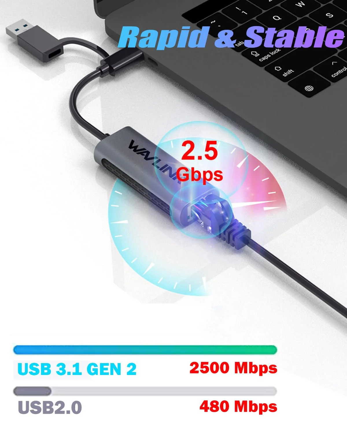 Wavlink USB C to Ethernet Adapter 2.5 Gbps, 2-in-1 USB to 2.5G Ethernet Adapter, USB-C to RJ45 Network Converter (Thunderbolt 4/3 Compatible), Aluminum Case for Windows, Mac OS, iPad OS and More. 2.5GbE - Image 4