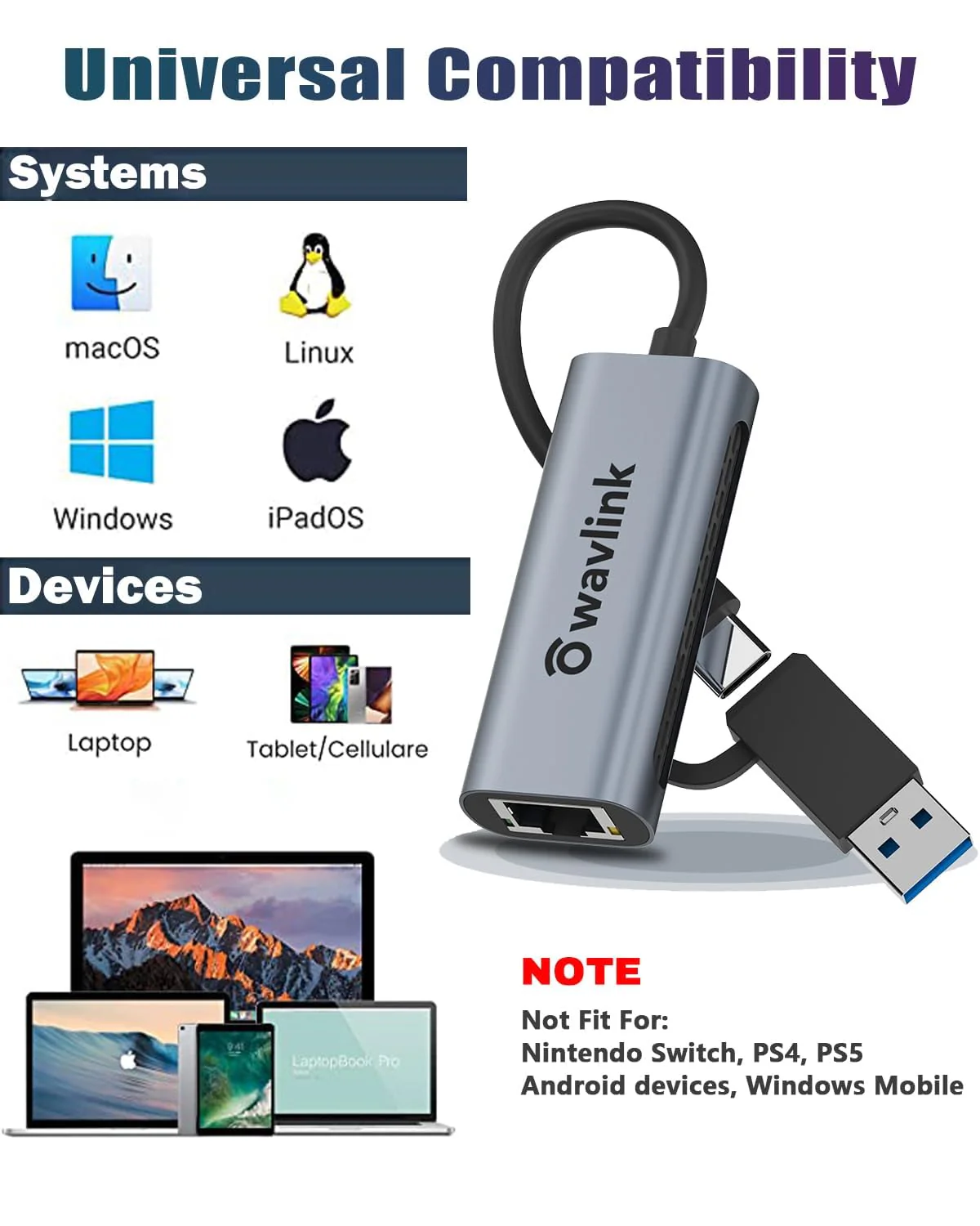 Wavlink USB C to Ethernet Adapter 2.5 Gbps, 2-in-1 USB to 2.5G Ethernet Adapter, USB-C to RJ45 Network Converter (Thunderbolt 4/3 Compatible), Aluminum Case for Windows, Mac OS, iPad OS and More. 2.5GbE - Image 6