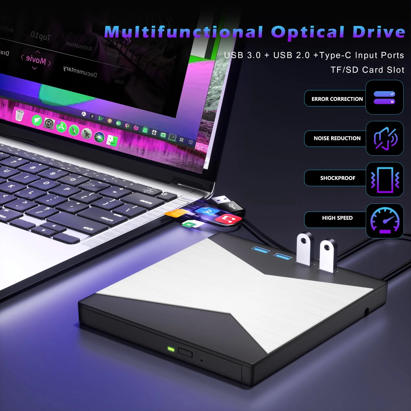 Wbacon External CD/DVD Drive for Laptop, DVD Player for Laptop, 8 in 1 Ultra-Slim CD Burner with 4 USB Ports and 2 TF/SD Card Slots, External Disk Drive Optical Compatible with Desktop Mac Windows - Image 3