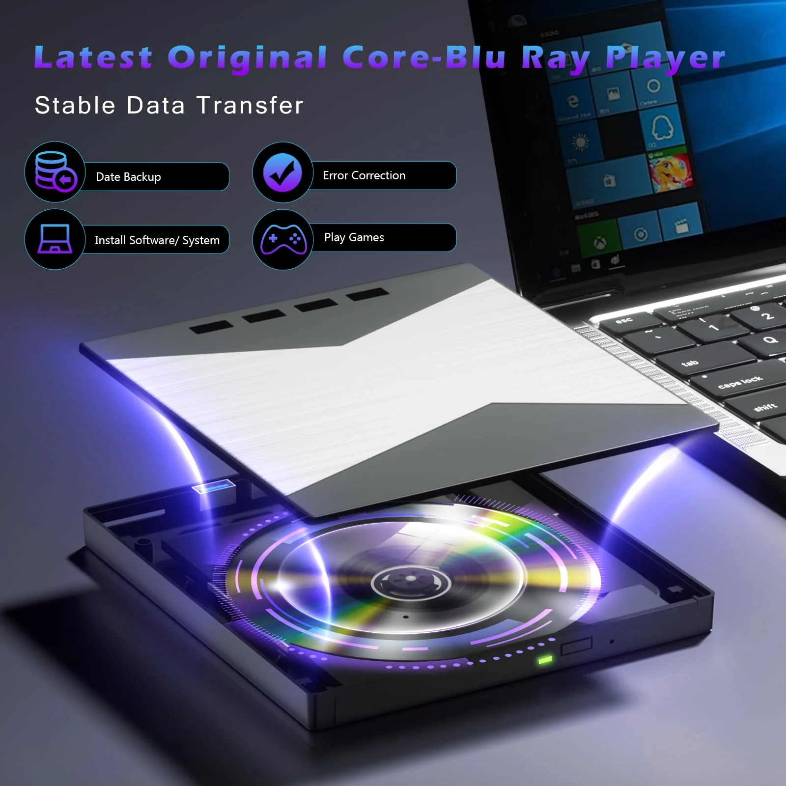 Wbacon External CD/DVD Drive for Laptop, DVD Player for Laptop, 8 in 1 Ultra-Slim CD Burner with 4 USB Ports and 2 TF/SD Card Slots, External Disk Drive Optical Compatible with Desktop Mac Windows - Image 6