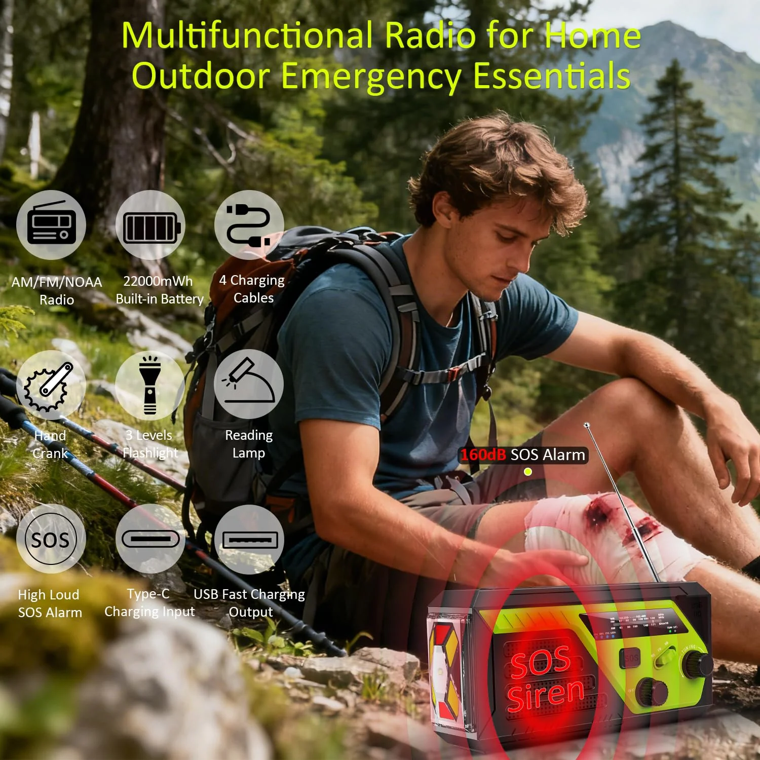 Weather Radio 22000mWh AM FM NOAA Emergency Radio with 4 Charging Cables, Flashlight, Reading Light, SOS Alarm, Phone Charging Hand Crank Radio for Home Outdoor Emergencies. Green - Image 2