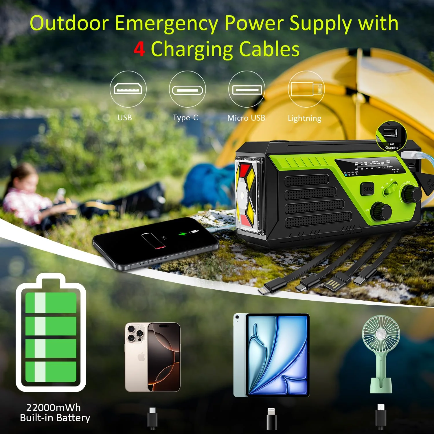 Weather Radio 22000mWh AM FM NOAA Emergency Radio with 4 Charging Cables, Flashlight, Reading Light, SOS Alarm, Phone Charging Hand Crank Radio for Home Outdoor Emergencies. Green - Image 3