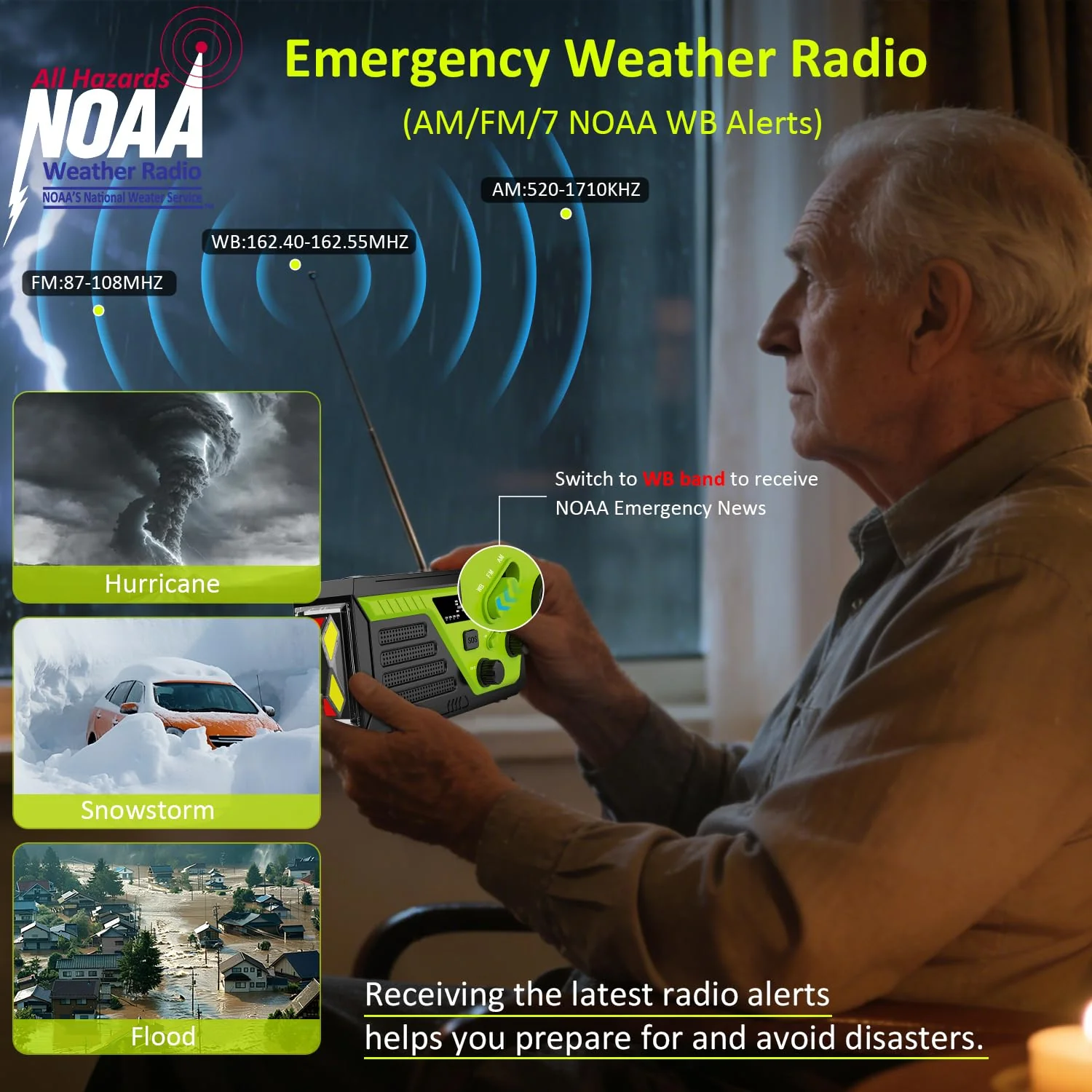 Weather Radio 22000mWh AM FM NOAA Emergency Radio with 4 Charging Cables, Flashlight, Reading Light, SOS Alarm, Phone Charging Hand Crank Radio for Home Outdoor Emergencies. Green - Image 4
