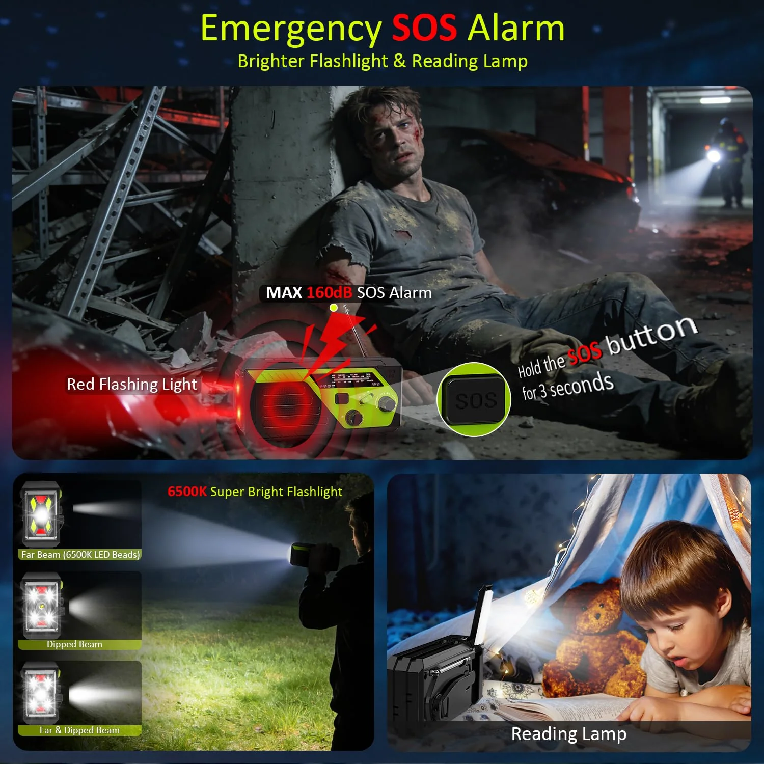 Weather Radio 22000mWh AM FM NOAA Emergency Radio with 4 Charging Cables, Flashlight, Reading Light, SOS Alarm, Phone Charging Hand Crank Radio for Home Outdoor Emergencies. Green - Image 5