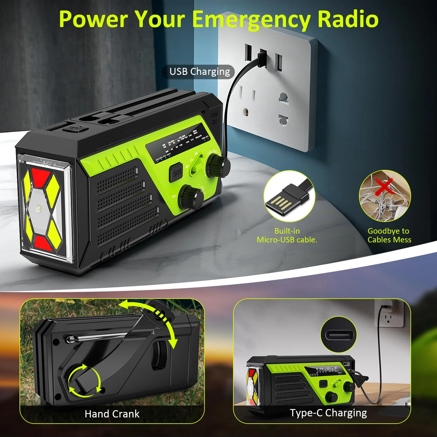 Weather Radio 22000mWh AM FM NOAA Emergency Radio with 4 Charging Cables, Flashlight, Reading Light, SOS Alarm, Phone Charging Hand Crank Radio for Home Outdoor Emergencies. Green - Image 6