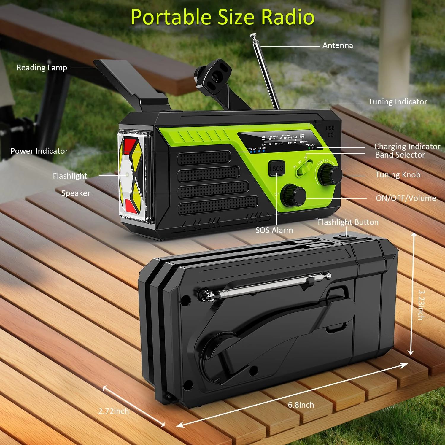 Weather Radio 22000mWh AM FM NOAA Emergency Radio with 4 Charging Cables, Flashlight, Reading Light, SOS Alarm, Phone Charging Hand Crank Radio for Home Outdoor Emergencies. Green - Image 8