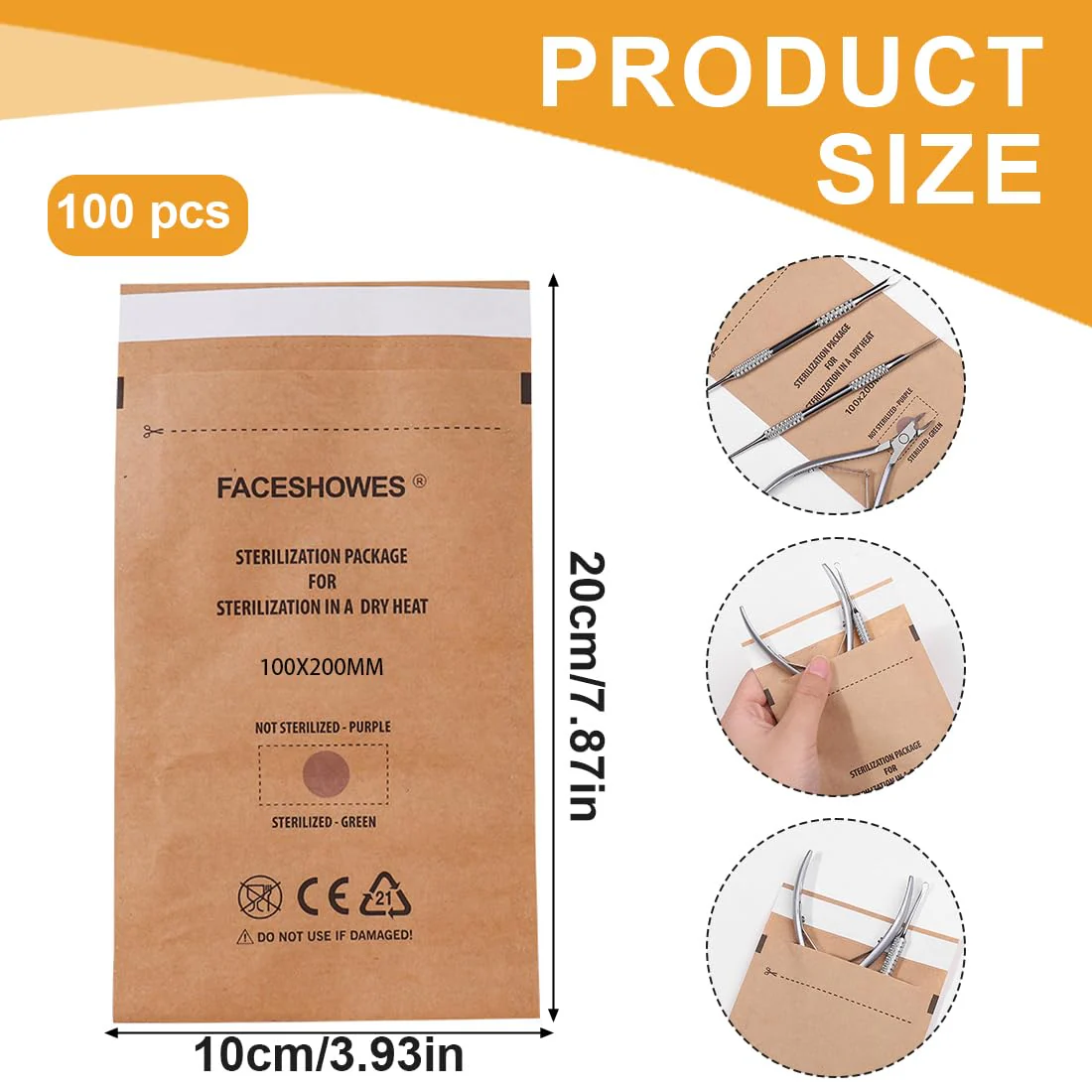 WeddHuis Sterilisation Bags Pack of 100 Self-Sealing Bags for Cosmetics and Nail Tools (100 x 200 mm) 100x200 mm - 100pcs - Image 2