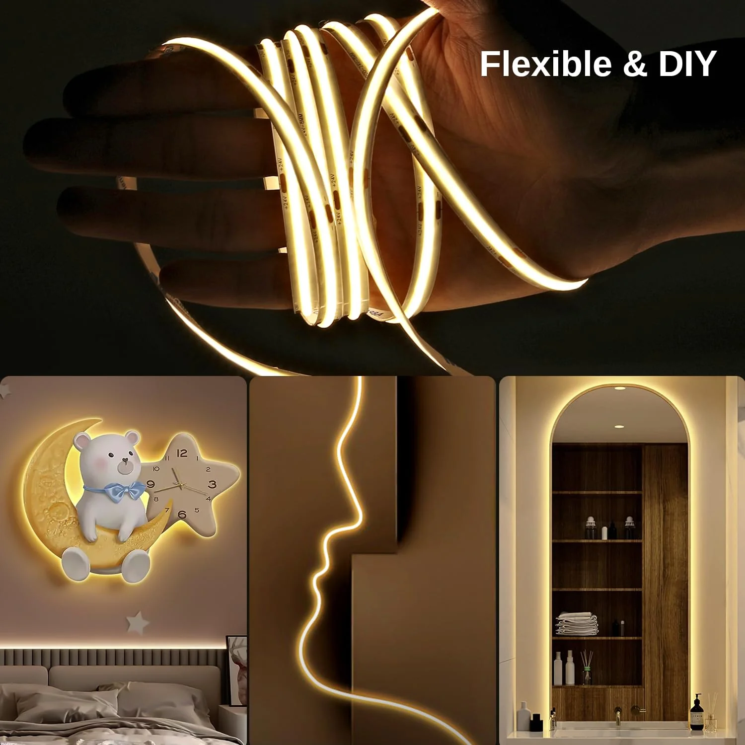 Wefomey 65.6ft COB LED Strip Light with Remote, 3000K Dimmable Bright Warm White Led Lights Strip, Flexible DC24V Led Tape Light for Bedroom, Kitchen, DIY Lighting (2 Rolls of 32.8ft) 65.6Ft-3000K Warm White - Image 4