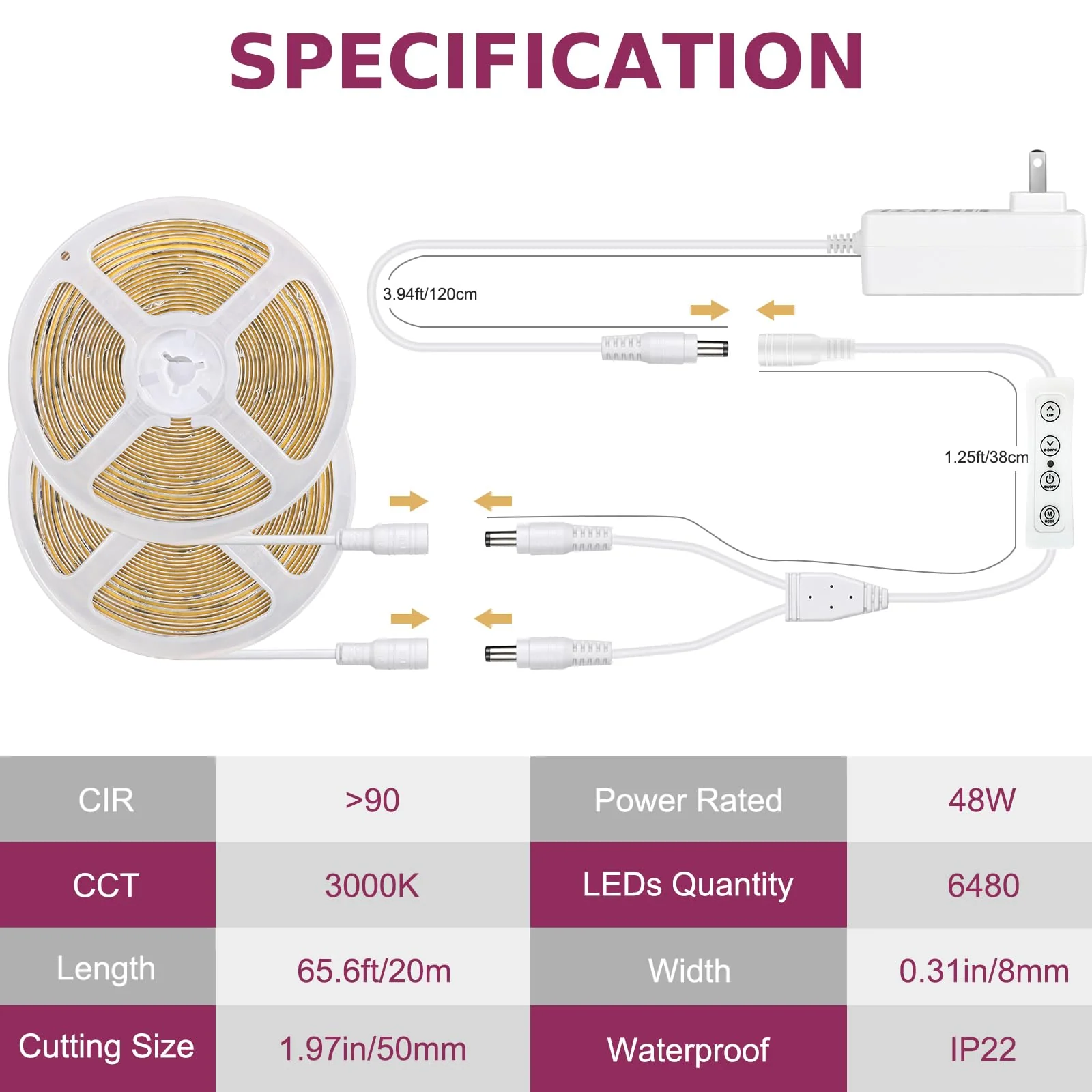 Wefomey 65.6ft COB LED Strip Light with Remote, 3000K Dimmable Bright Warm White Led Lights Strip, Flexible DC24V Led Tape Light for Bedroom, Kitchen, DIY Lighting (2 Rolls of 32.8ft) 65.6Ft-3000K Warm White - Image 5