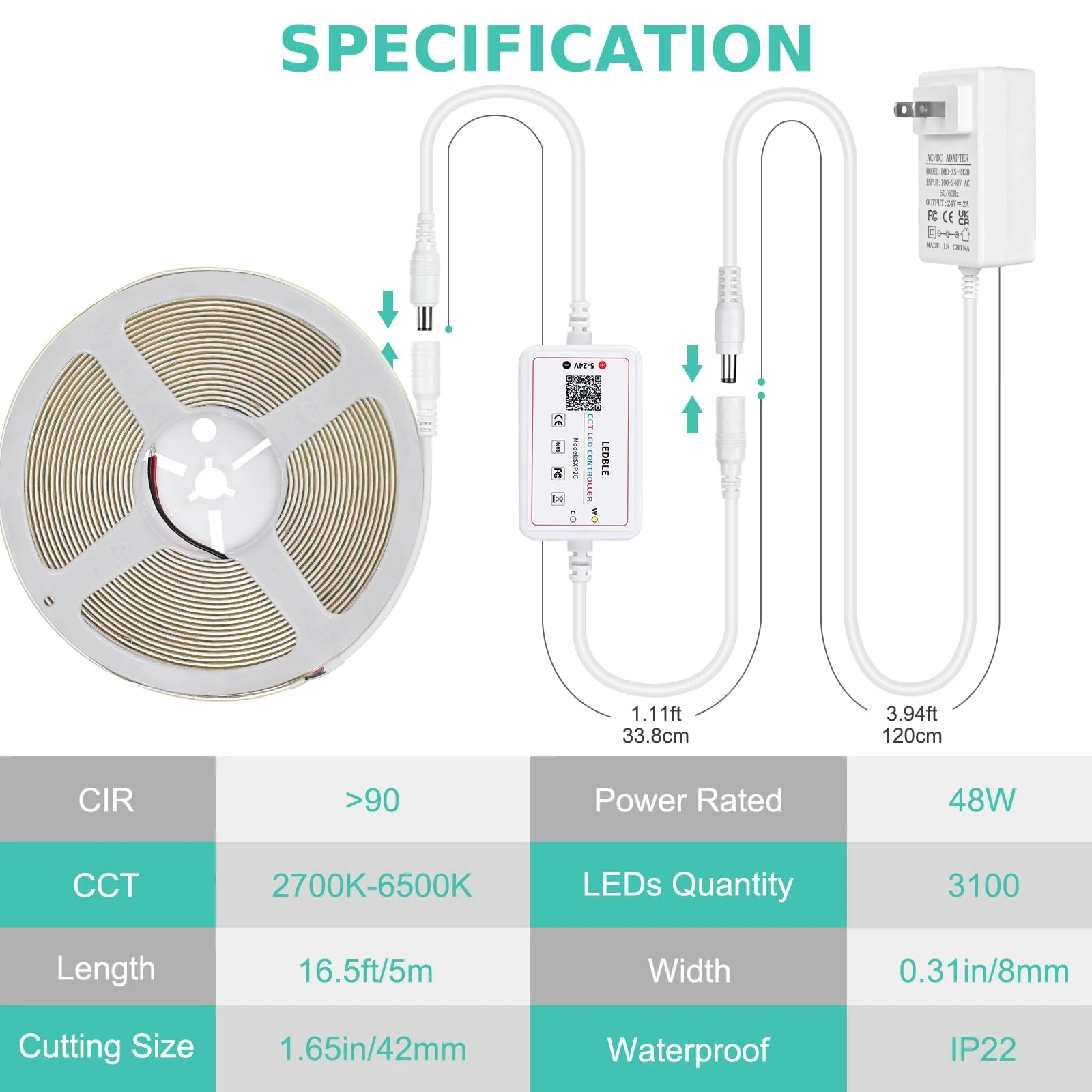 Wefomey COB LED Strip Light White, 16.5ft Dimmable 2700K-6500K High Density 3100LEDs 24V Flexible LED Tape Light with Remote and APP Control, for Under Cabinet Bedroom Kitchen DIY Lighting 16.4FT - Image 8