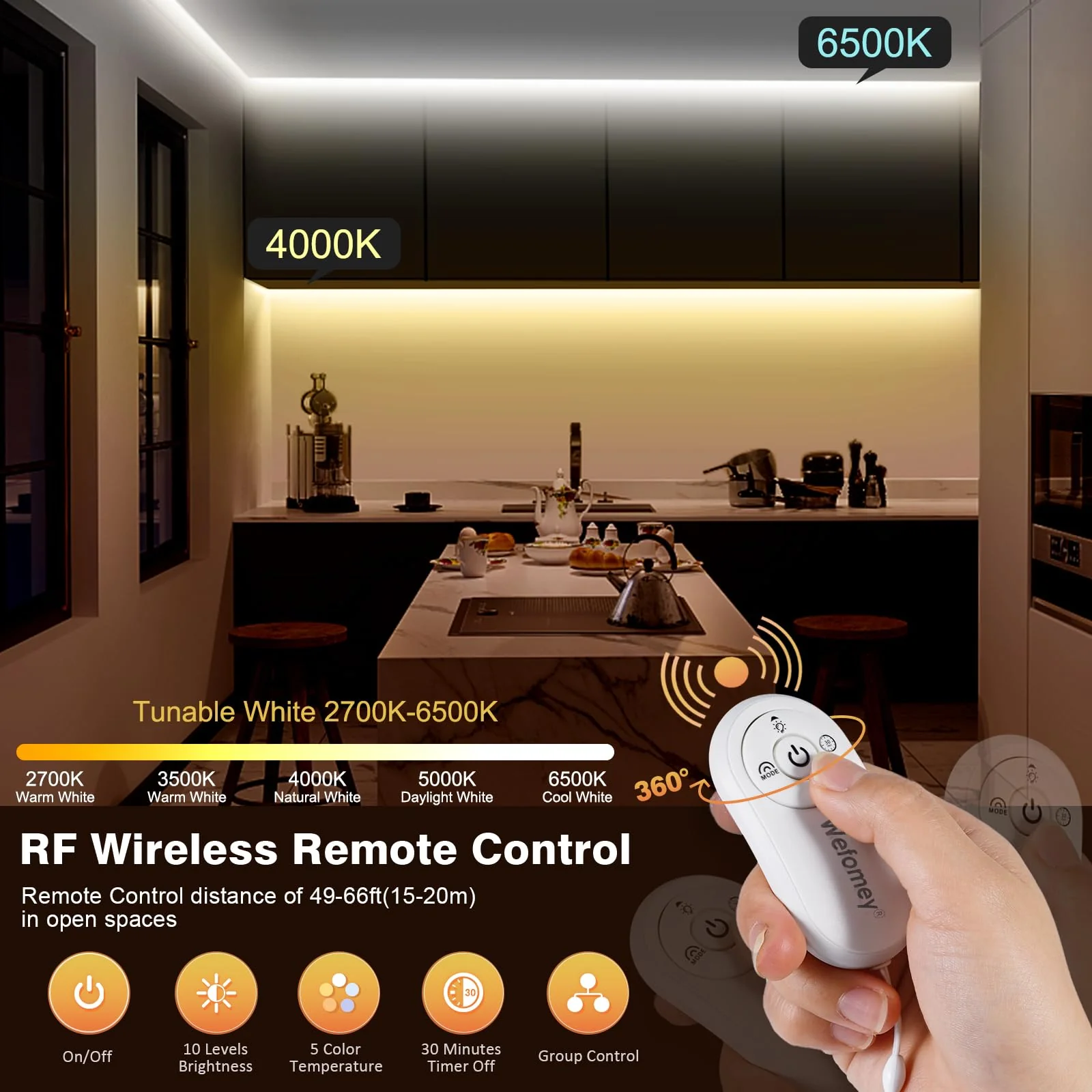 Wefomey COB LED Strip Light White, Dimmable 2700K-6500K High Density 6080LEDs 24V Flexible LED Tape Light with Remote and APP Control, for Under Cabinet Bedroom Kitchen DIY Lighting,1 Rolls of 32.8ft 32.8FT-2700K-6500K Tunable White - Image 3