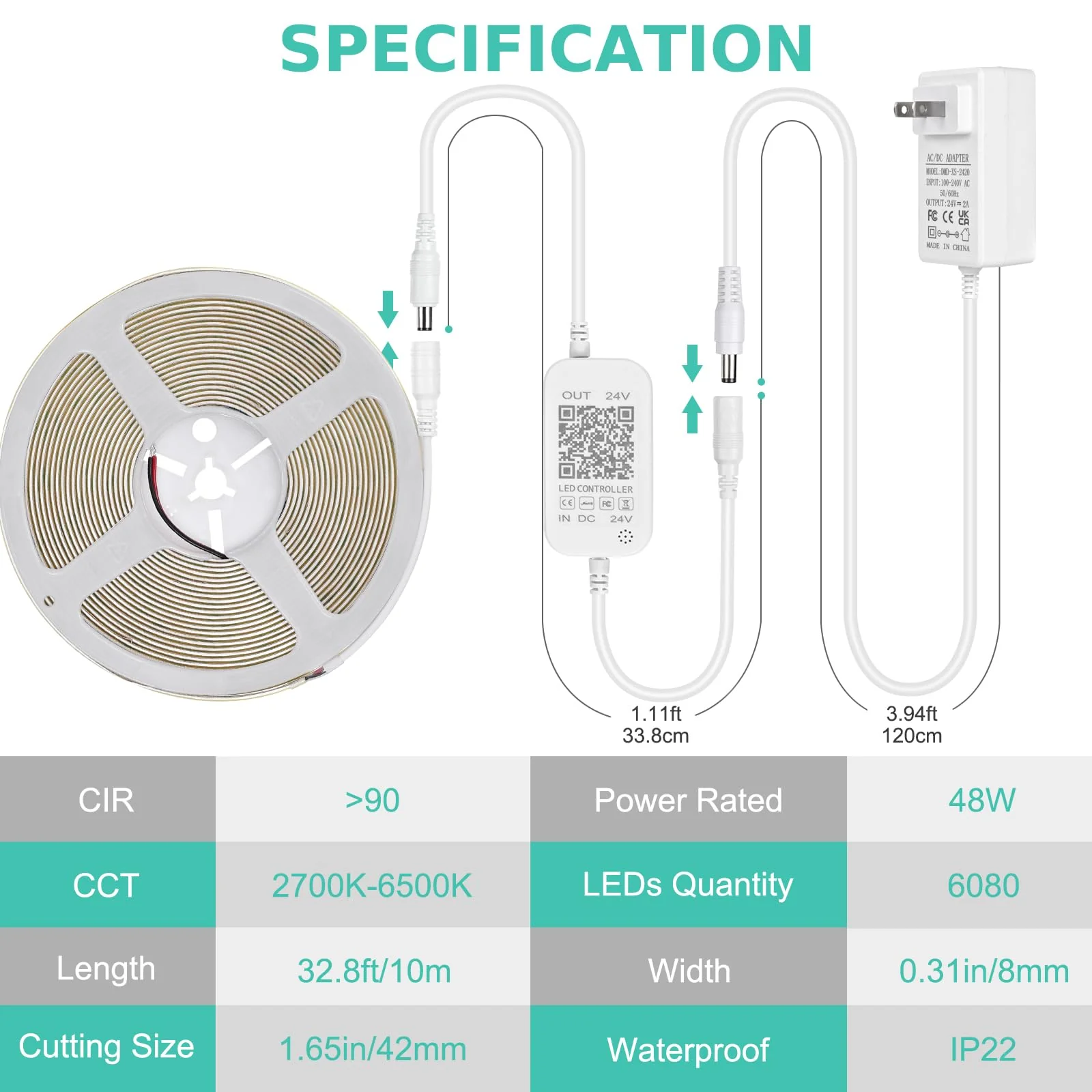 Wefomey COB LED Strip Light White, Dimmable 2700K-6500K High Density 6080LEDs 24V Flexible LED Tape Light with Remote and APP Control, for Under Cabinet Bedroom Kitchen DIY Lighting,1 Rolls of 32.8ft 32.8FT-2700K-6500K Tunable White - Image 8