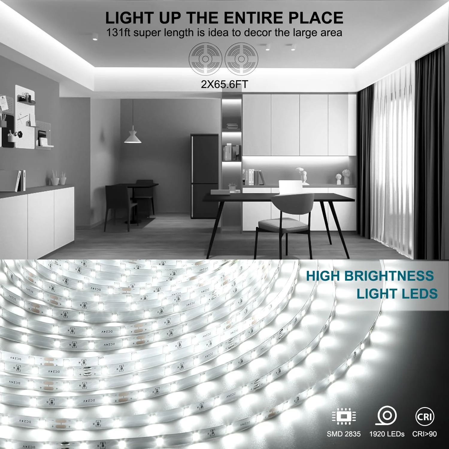 Wefomey White LED Strip Lights, 131ft Dimmable 24V LED Lights Strip 6500K Bright Daylight White, Flexible Tape Lights for Bedrooms, Kitchen, Cabinet, Christmas Decor, 2 Rolls of 65.6ft 6500K Daylight White - Image 3