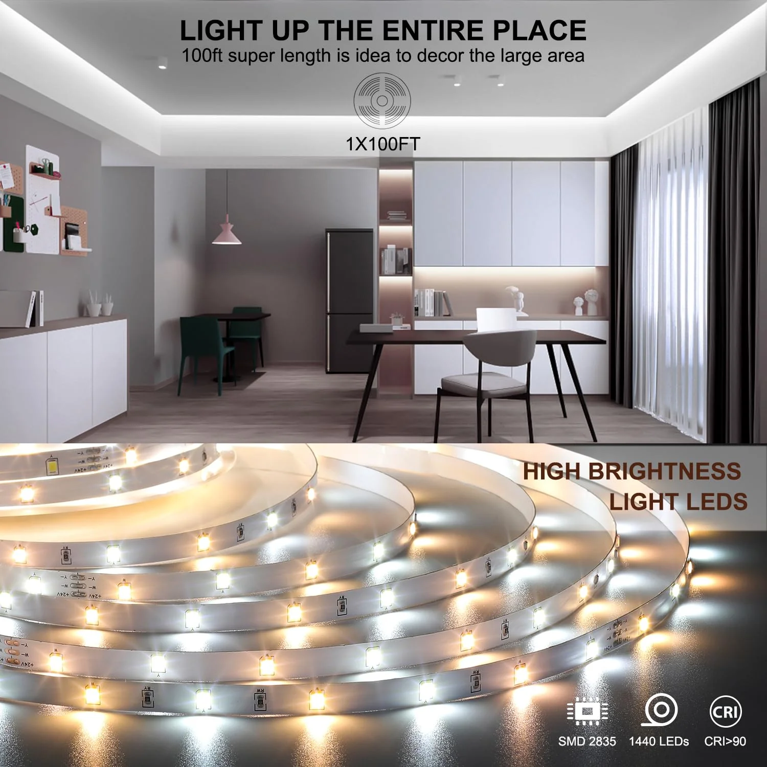 Wefomey White LED Strip Lights, Upgraded 100ft Dimmable 2700K-6500K Bright 24V LED Light Strip with Remote and App Control, 1440 LEDs Flexible Tape Lights for Living Room, Bedroom, Kitchen, Ceiling 100FT/2700K-6500K Tunable White - Image 4