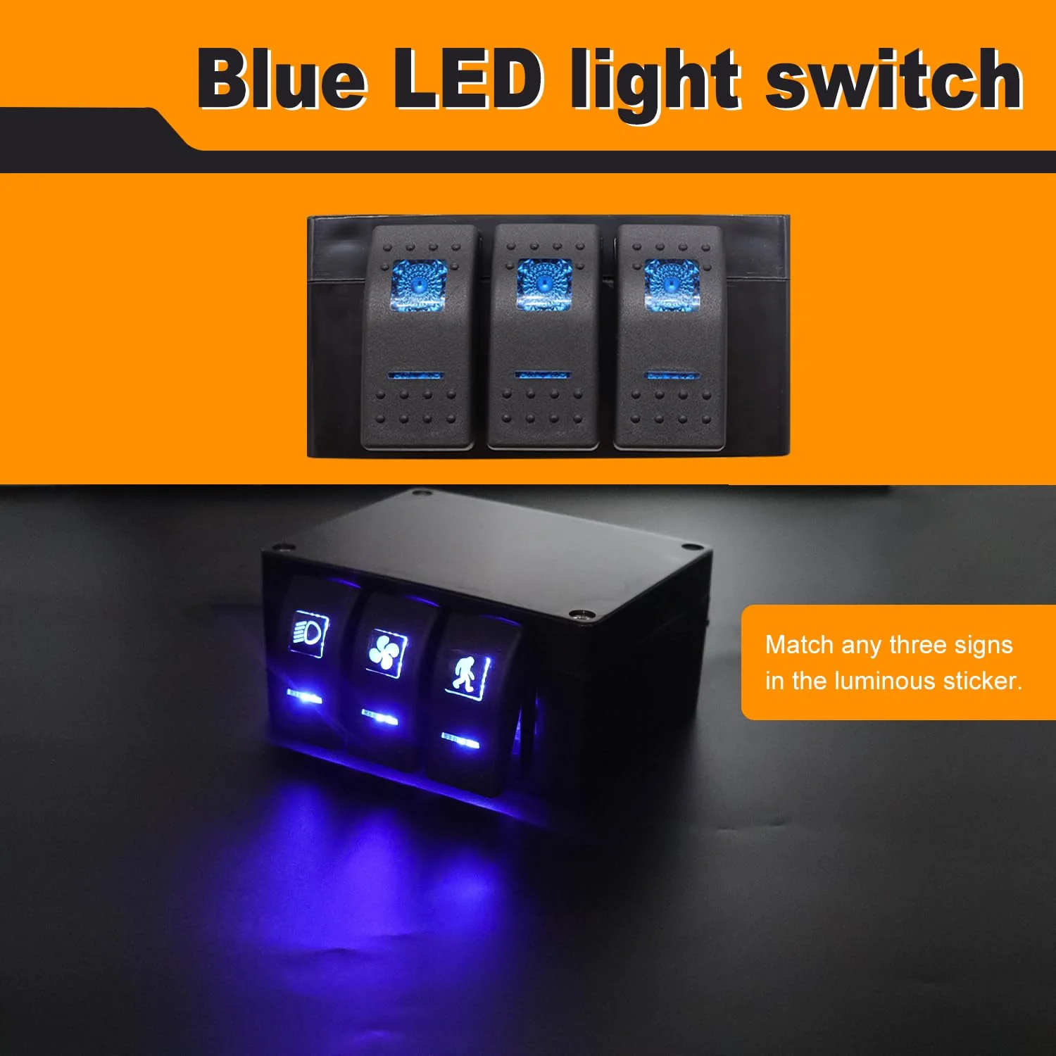 weideer 3 Gang Rocker Switch Box Blue LED 12V 24V DC Rocker Switch Panel with Night Glow Stickers for Car Trucks Boats RVs A (Any three combinations) - Image 2
