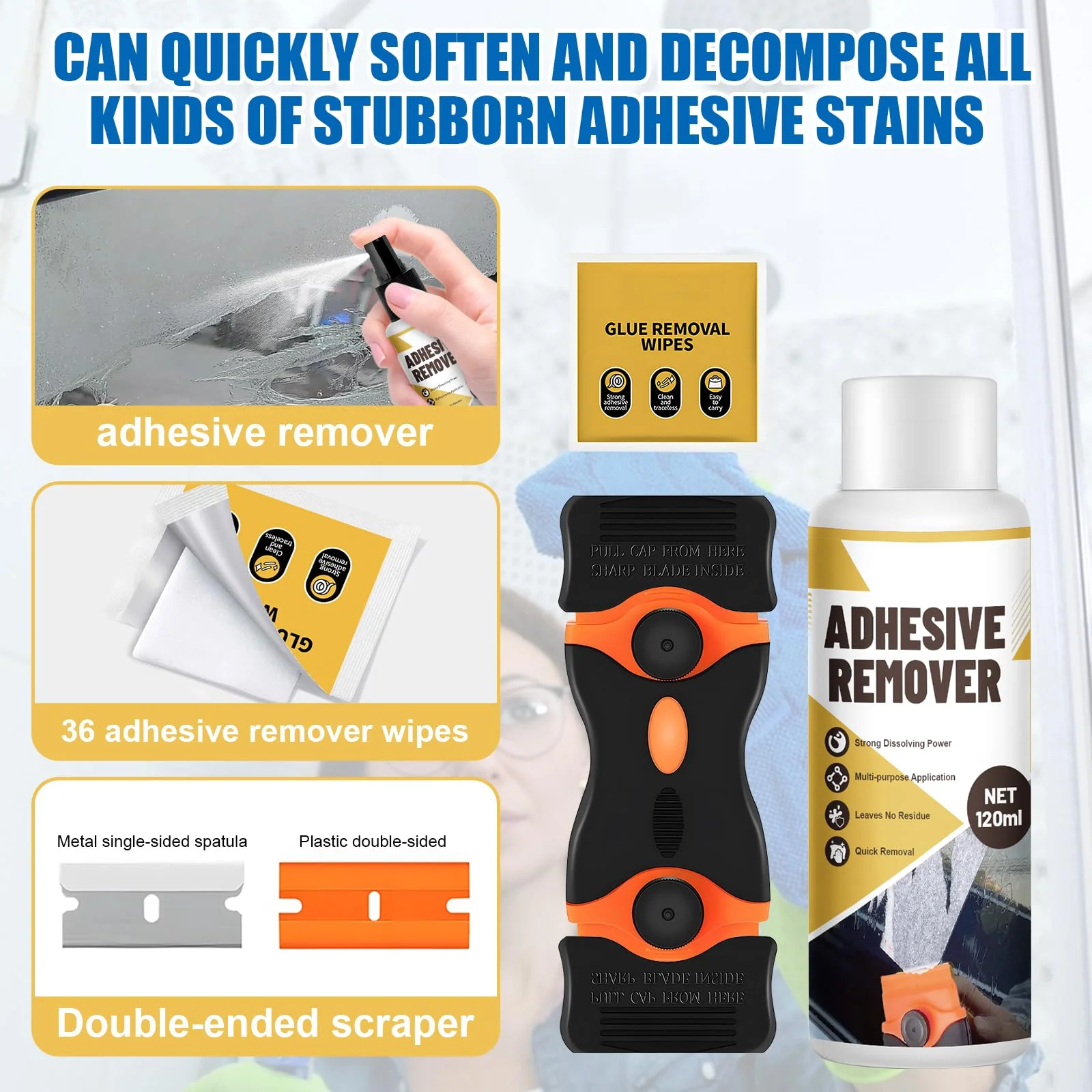 WEILAOK Adhesive Remover, Super Glue Remover, Label Remover, Quick Dissolve, Glue Remover Quickly Removes Stubborn Labels, Adhesive Residue -120 ml + Adhesive Removal Wipes x 36 - Image 3