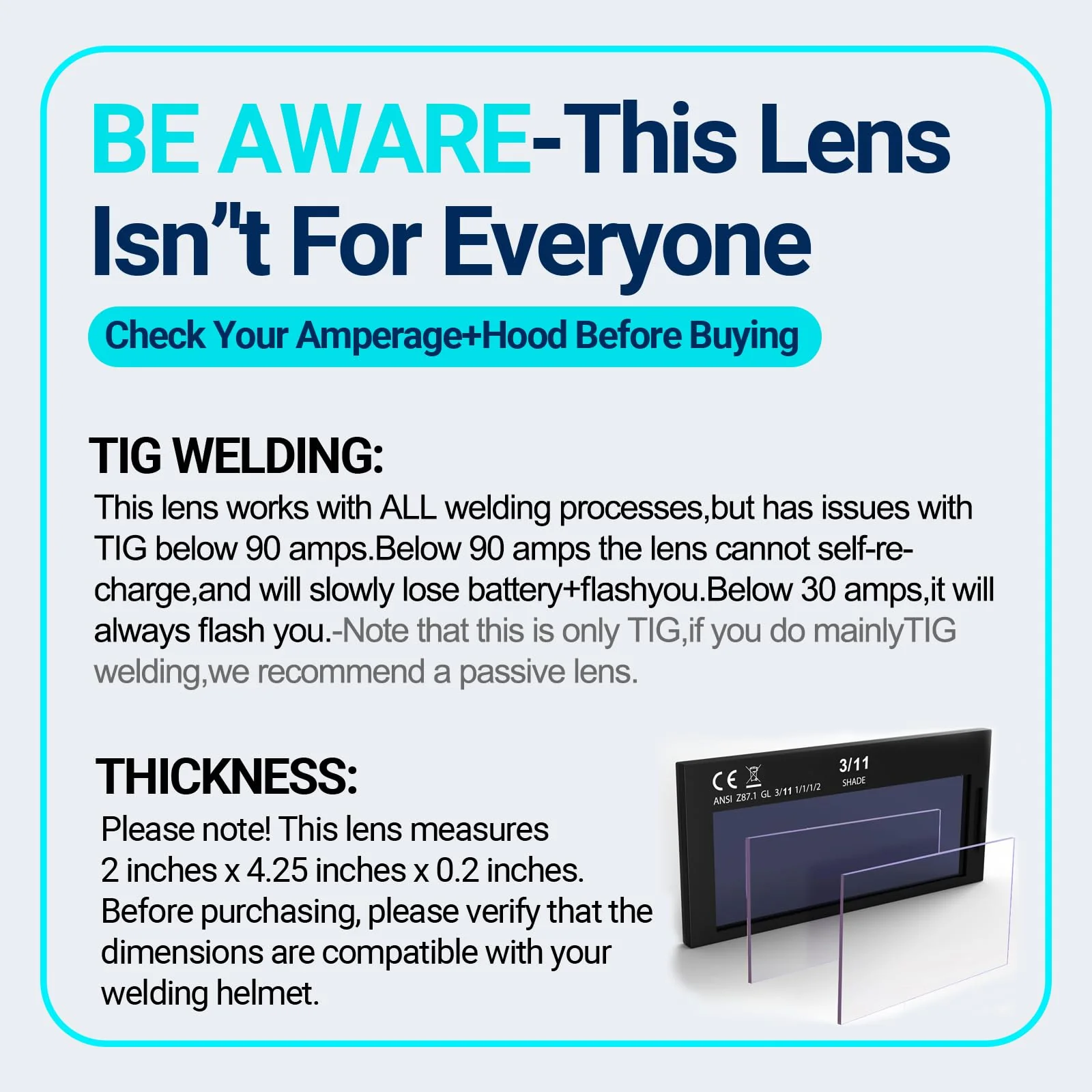 Welding Lens 2 x 4.25, Auto Darkening Welding Lens, Shade 11, True Color Blue Technology, with 2pcs Replacement Outside Cover Lens Fits Most Pancake and Pipeliner Hoods Black 1 - Image 7