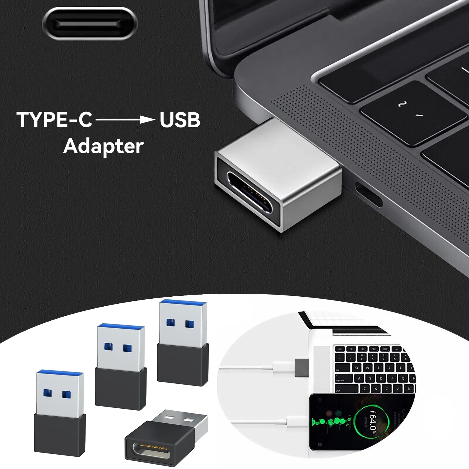 Welldiea USB to USB C Adapter 4 Pack, USB C Female to USB Male OTG Charger Type C Converter Compatible with Apple Watch Ultra iWatch 7-9,iPhone 15~13 Plus Pro Max,AirPods 3,iPad Air,Car,Galaxy (Black) Black - Image 2