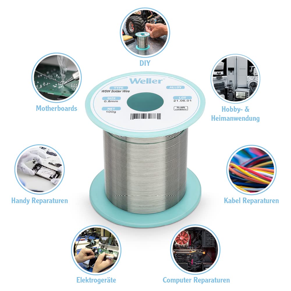 Weller WSW SAC M1 (T0051402499) Lead-Free Solder Wire, Diameter 1.0 mm, Alloy Sn96.5Ag3Cu0.5, Flux Content 3.5%, 100 g 1,0mm, 100g - Image 4