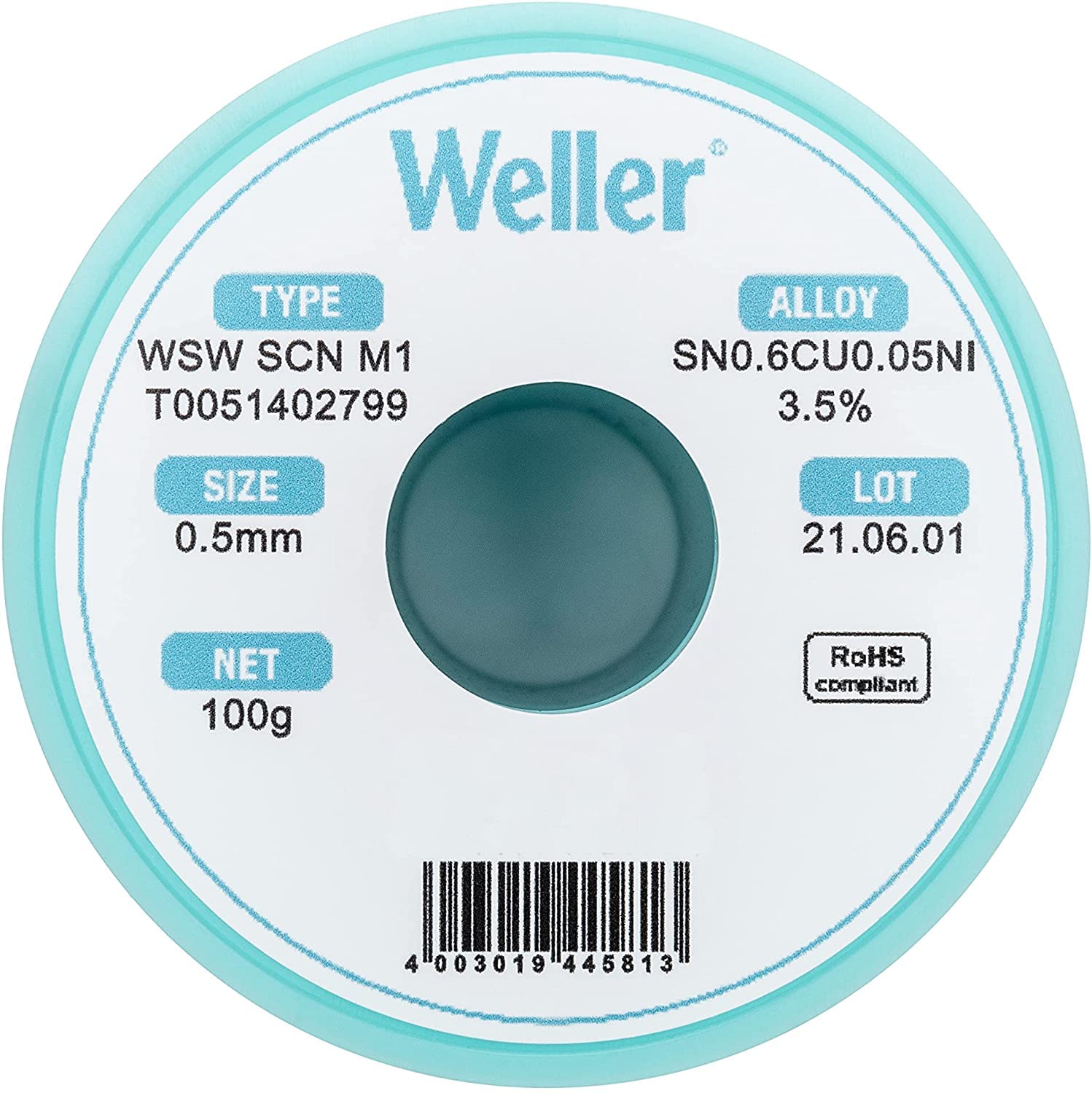 Weller WSW SCN M1 (T0051402799) 0.5mm Lead Free Solder Wire Alloy Sn99.3Cu0.6Ni0.05 Flux Content 3.5% 100g Silver 0,5mm, 100g - Image 2