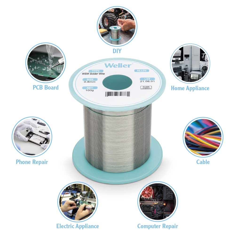 Weller WSW SCN M1 (T0051404399) Lead Free Solder Wire, Dia: 0.8 mm / 0.039 in, Wt: 100 g / 3.527 oz, Alloy Sn99.3Cu0.6Ni0.05, Flux content 3.5% - Image 4