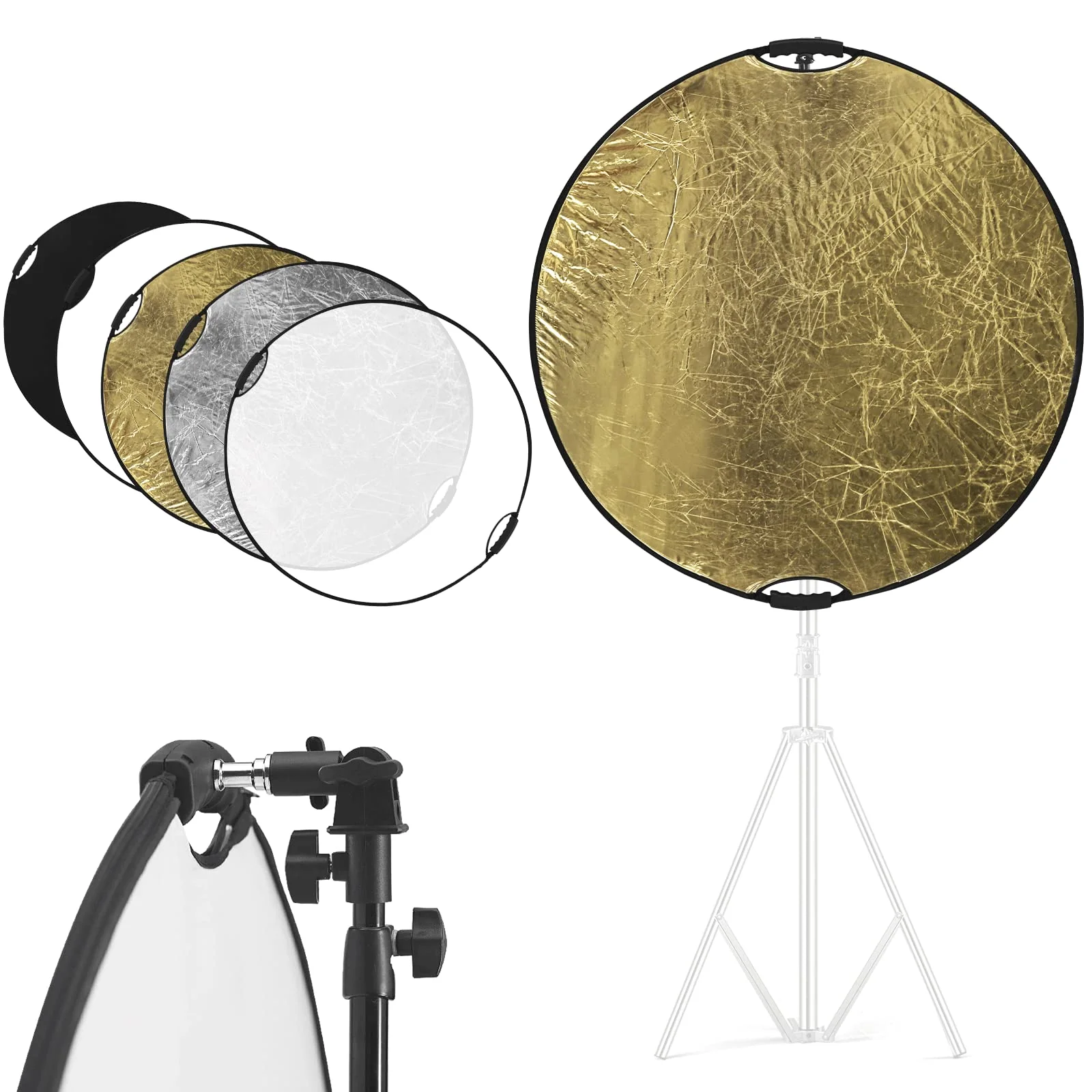 WELLMAKING 32 Inch (80cm) Reflector Photography, Collapsible Light Reflector with Bag & tilt Adapter, 5 in 1 Handle Reflector for Studio & Outdoor Lighting -Translucent, Silver, Gold, White and Black - Image 2
