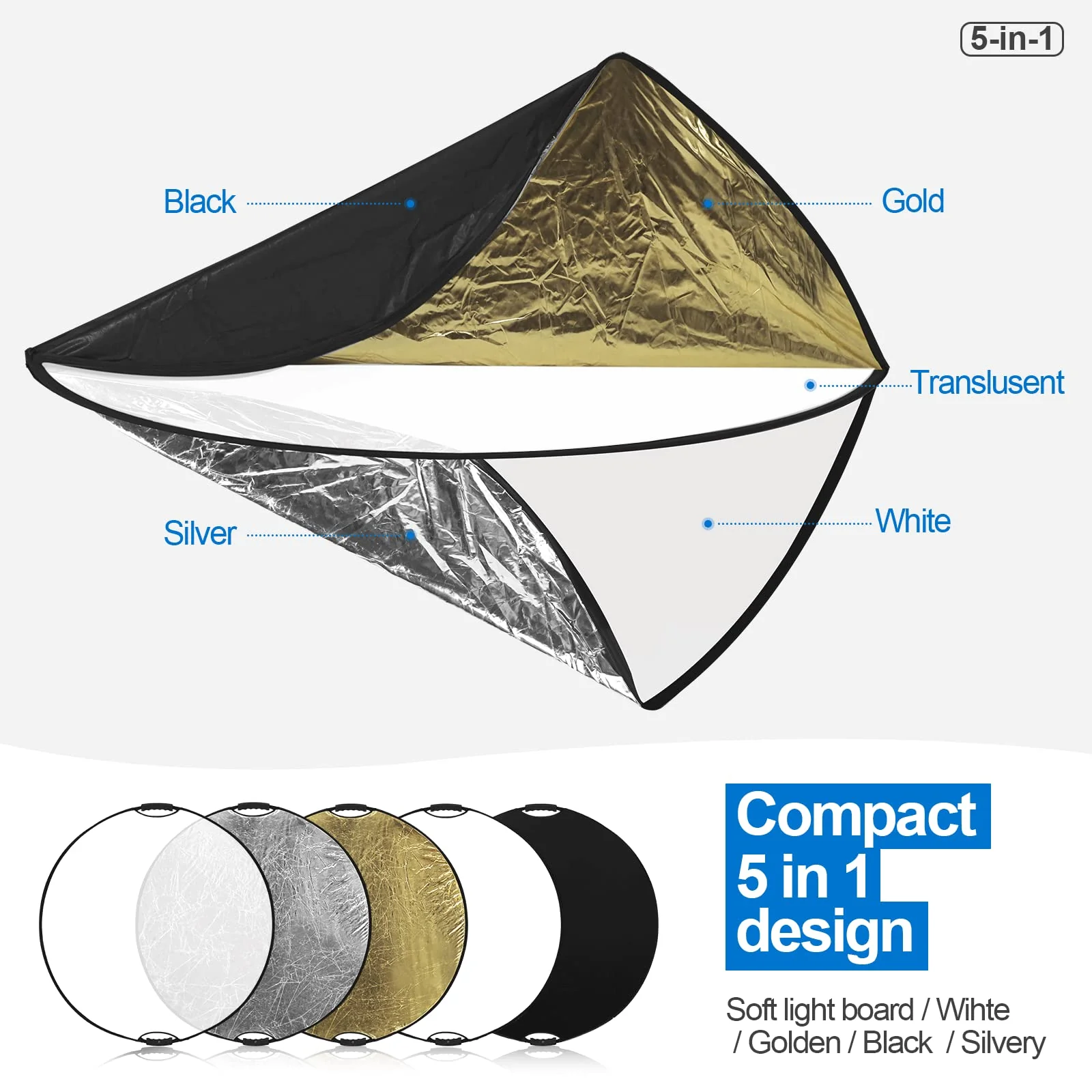 WELLMAKING 32 Inch (80cm) Reflector Photography, Collapsible Light Reflector with Bag & tilt Adapter, 5 in 1 Handle Reflector for Studio & Outdoor Lighting -Translucent, Silver, Gold, White and Black - Image 3