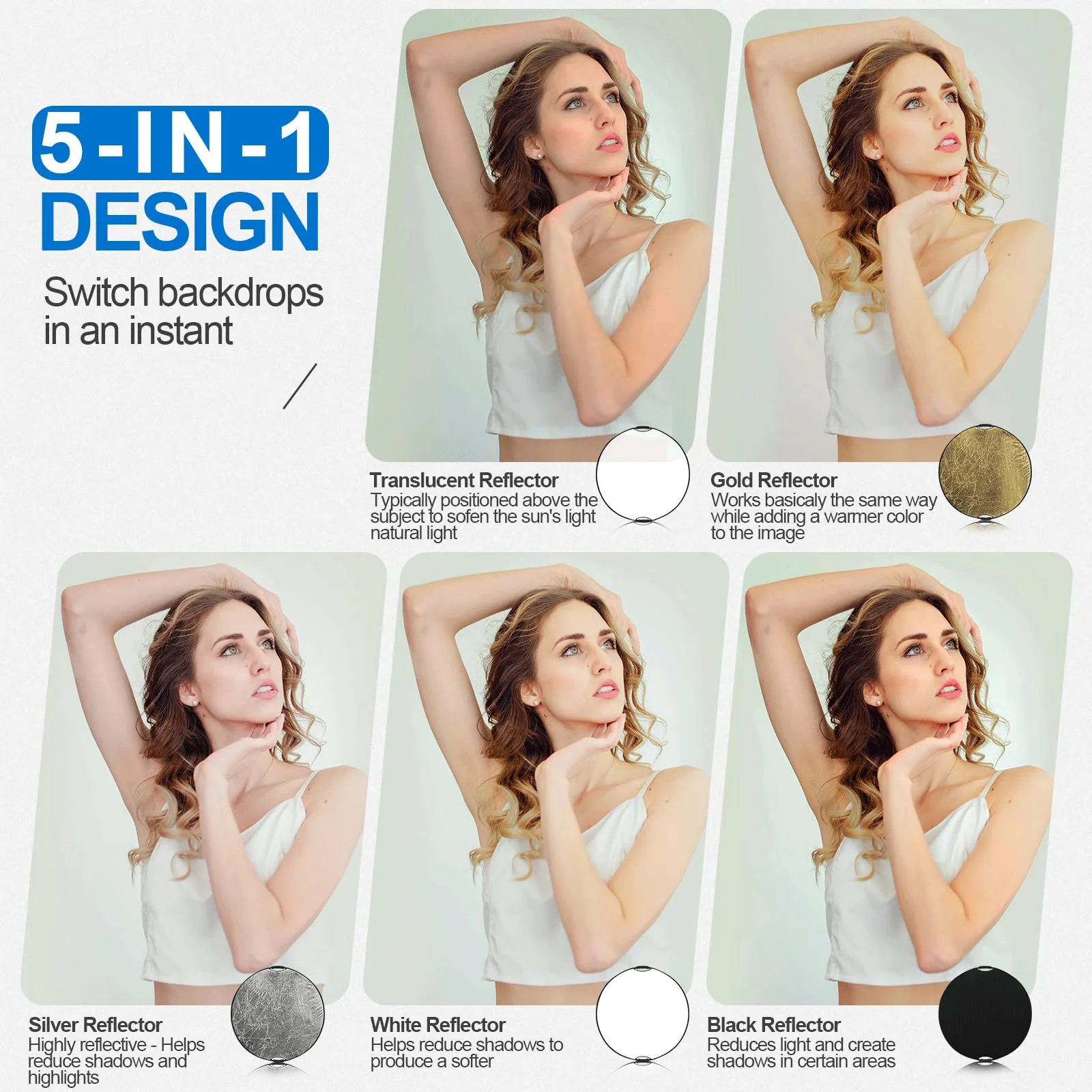 WELLMAKING 32 Inch (80cm) Reflector Photography, Collapsible Light Reflector with Bag & tilt Adapter, 5 in 1 Handle Reflector for Studio & Outdoor Lighting -Translucent, Silver, Gold, White and Black - Image 5